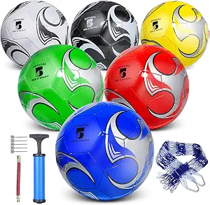 6 Pack Size 5/4/3 Soccer Balls for Training & Matches – Official Size & Weight, Includes Carry Net, Needles, Air Pump