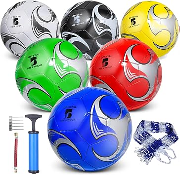 6 Pack Size 5/4/3 Soccer Balls for Training & Matches Official Size & Weight, Includes Carry Net, Needles, Air Pump Ideal for Youth and Adult Players