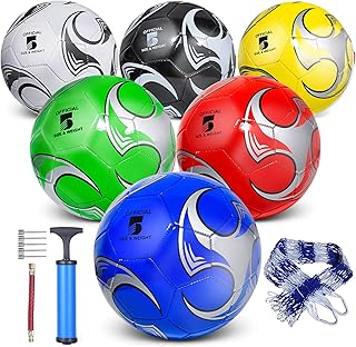6 Pack Size 5/4/3 Soccer Balls for Training & Matches – Official Size & Weight, Includes Carry Net, Needles, Air Pump – Ideal for Youth and Adult Players
