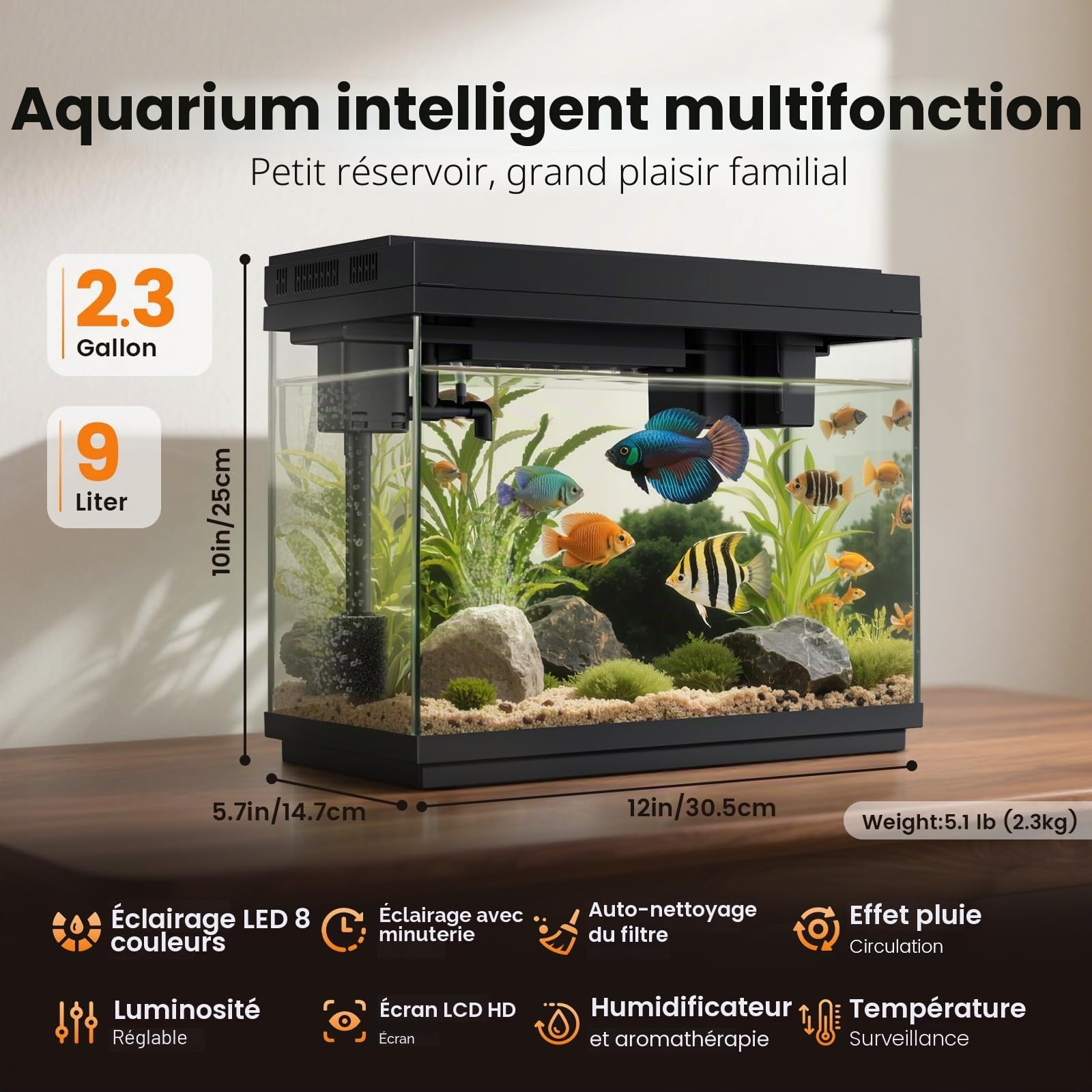 fishkeeper Nano aquarium set complet, mini aquarium de 9 l de démarrage avec LED, pompe et filtre autonettoyants 4-en-1 pour aquariums intelligents, petit set d'aquarium complet avec aromathérapie