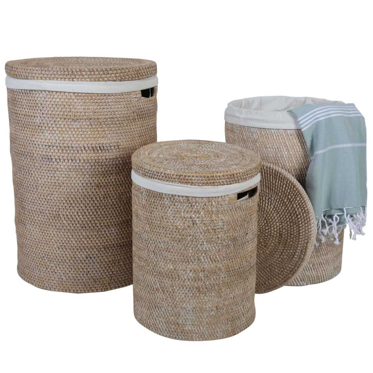 Wäschekorb Rattan Cleo Weiß Wäschsammler Wäschebox Aufbewahrung rund mit Deckel und Innensack Ø35 cm x Höhe 50 cm Größe L