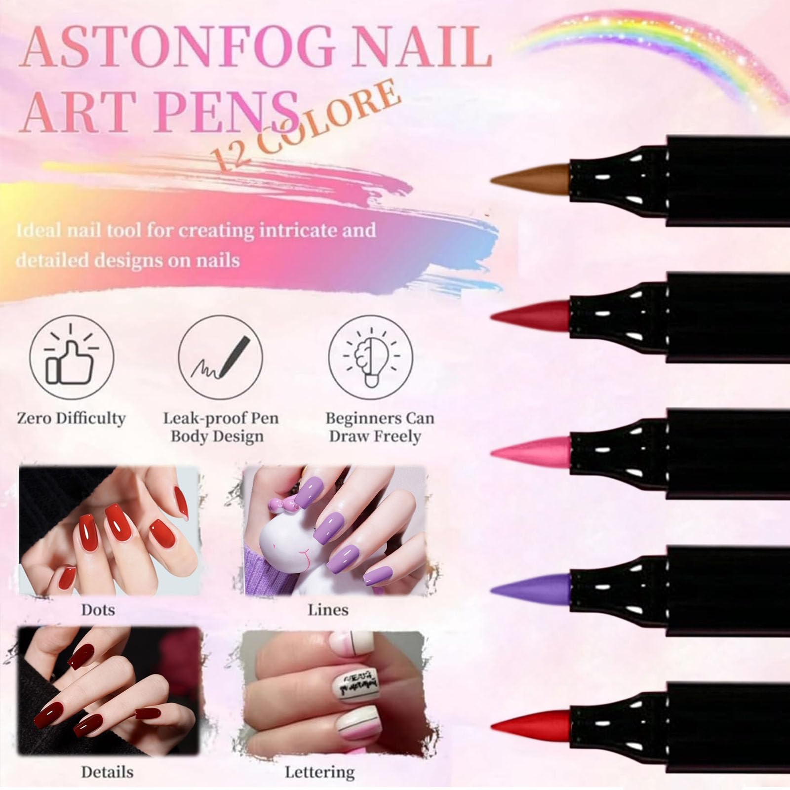 Nolynails nagellack stift, 5 Marker Nagellackstifte für Näge - Nagellack Schnelltrocknend Wasserbasis, Nail Arts Pen Ohne UV Lampe, Einfach und Präzise Fünf Farben (15Pc)