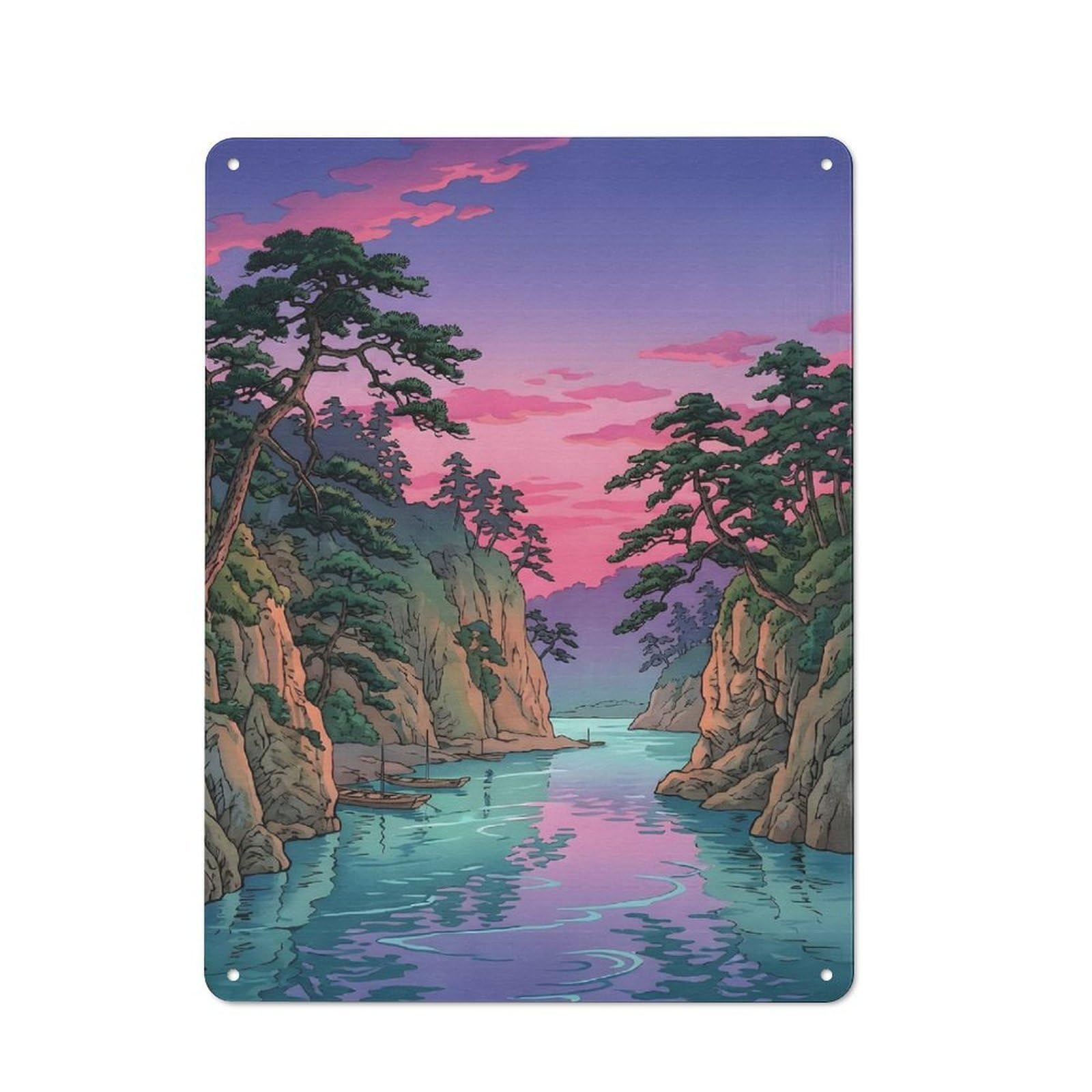 Junmoney Style-19 Decorative Tin Plaque With Serene River Landscape At Sunset Design 40X30cm, Nostalgic Home Bar Decor For Bar, Kitchen, Garage Or Games Room