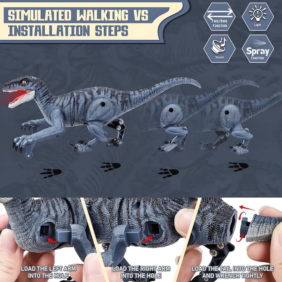 Jack Royal Remote Control Dinosaur Toy - Walking & Roaring Velociraptor with Mist Spray Smoke Effect, Realistic Movement, and Rechargeable Battery – Interactive RC Dino for Kids - Image 5 thumbnail