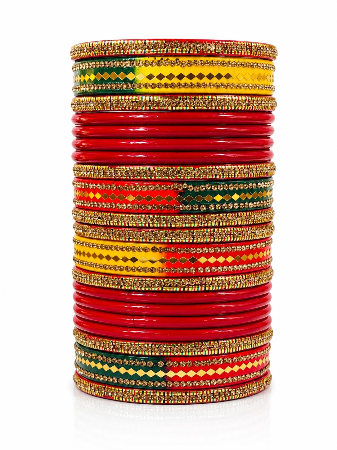 handcrafted lac bangles set red yellow green with gold accents