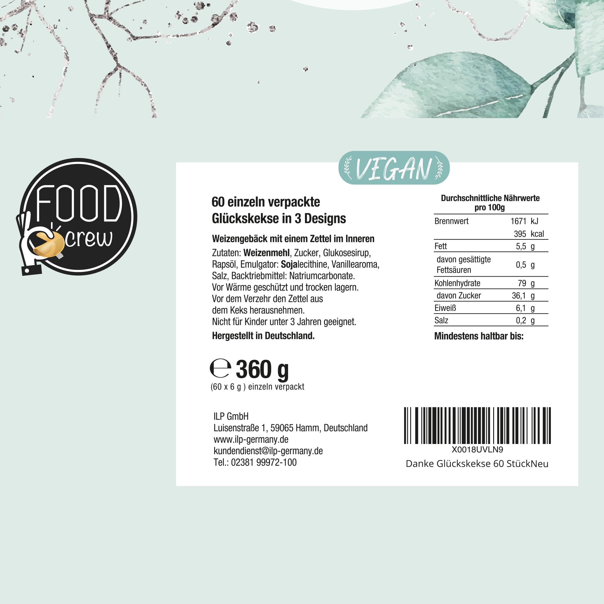 FOOD crew 60 Glückskekse Danke - Dankeschön Geschenke klein Einzeln verpackt in Box - ein kleines Dankeschön Geschenk Hochzeit - Danke Geschenk - Adventskalender Füllung - Made in Germany