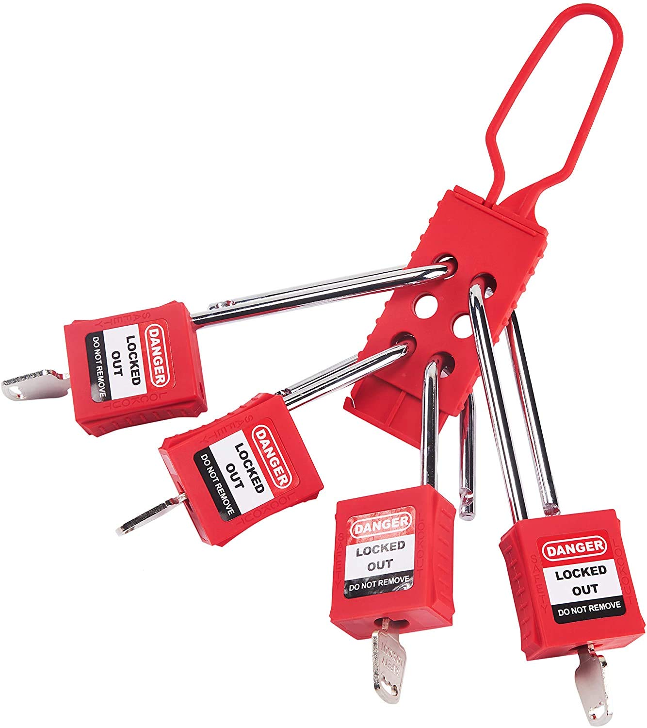 POFET 10Pcs Cerrojo de bloqueo y etiquetado, Cerrojo de acero revestido de vinilo (6 orificios) - Rojo