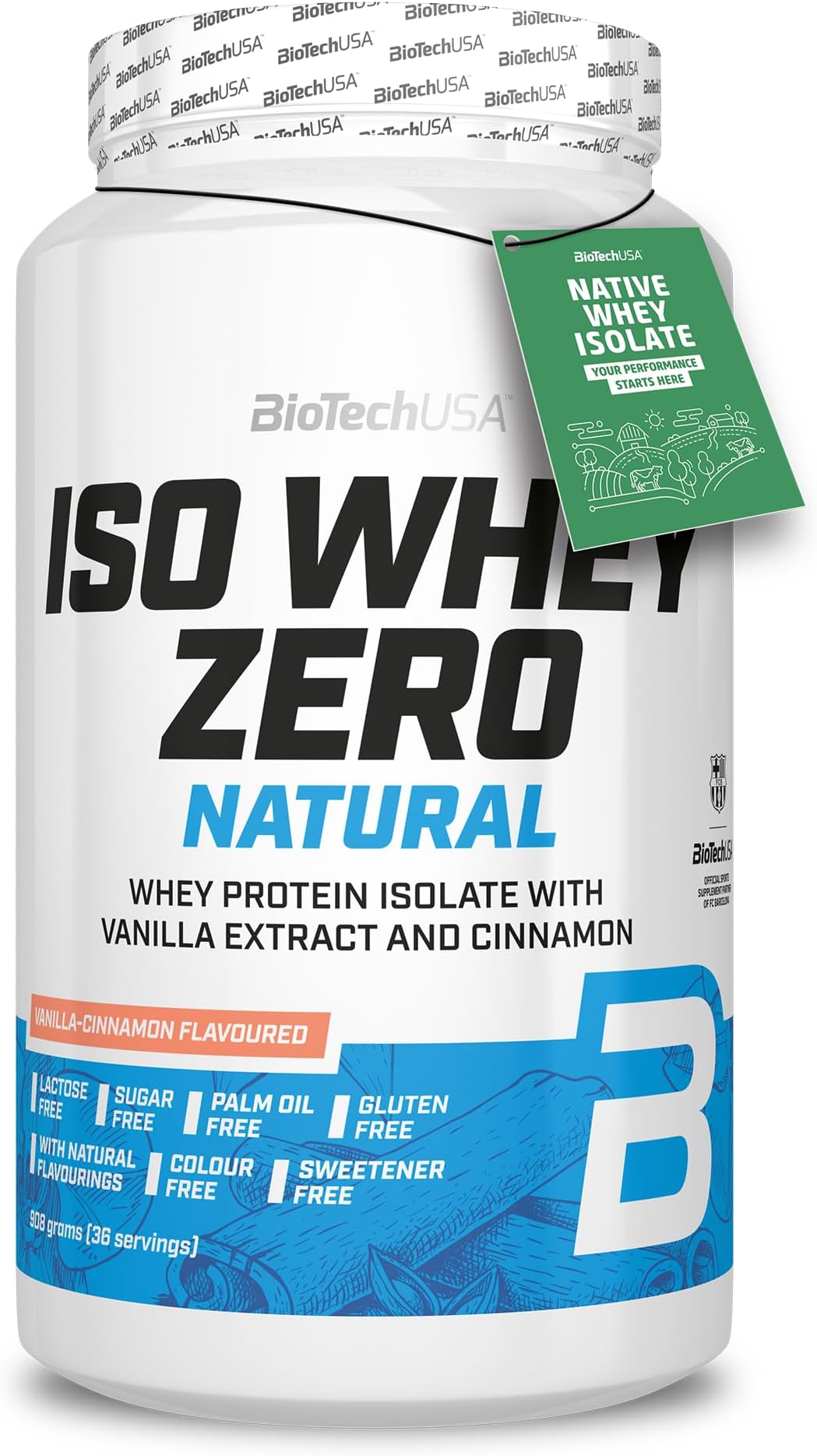 BioTechUSA Iso Whey Zero Natural Protein Powder | 80% Protein | Naturally Flavoured | Gluten-Free | Lactose-Free | No Additives | No colorings | 908 g | Vanilla-Cinnamon