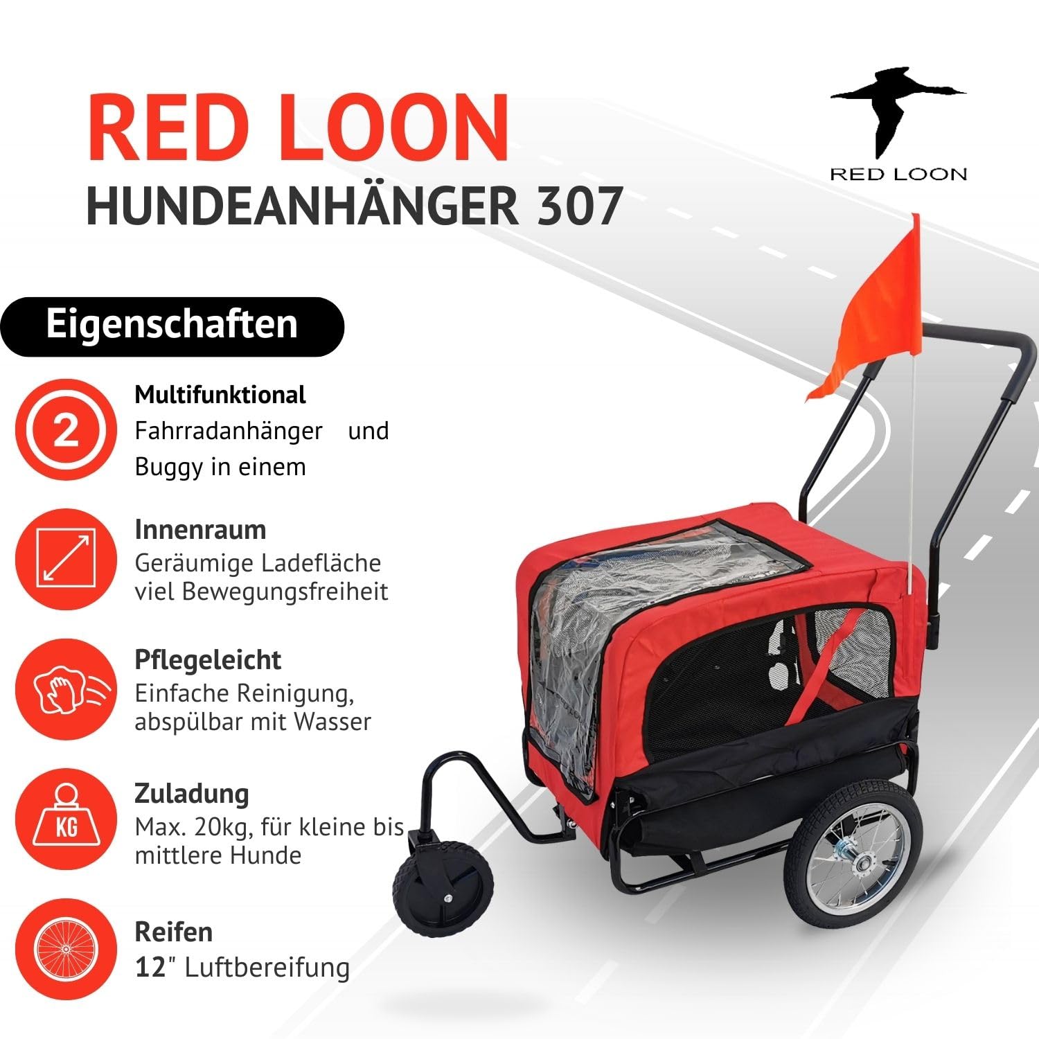 Red Loon Remorque pour chien Mini - Remorque de vélo pour chien Jogger Rouge, Transporteur stable 20kg de capacité, Ensemble de jogging convertible, avec attelage universel et protection contre la