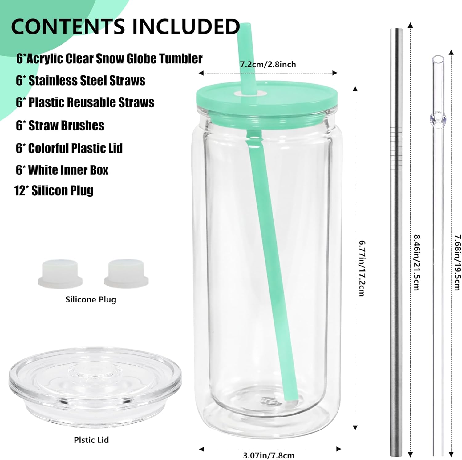 20oz Plastic Snow Globe Tumblers, 6 Pack Acrylic Double Wall Tumbler with Lids and Straws, Acrylic Snowglobe Cups with Pre Drilled Hole for Snow Globe Glitter DIY - Image 2