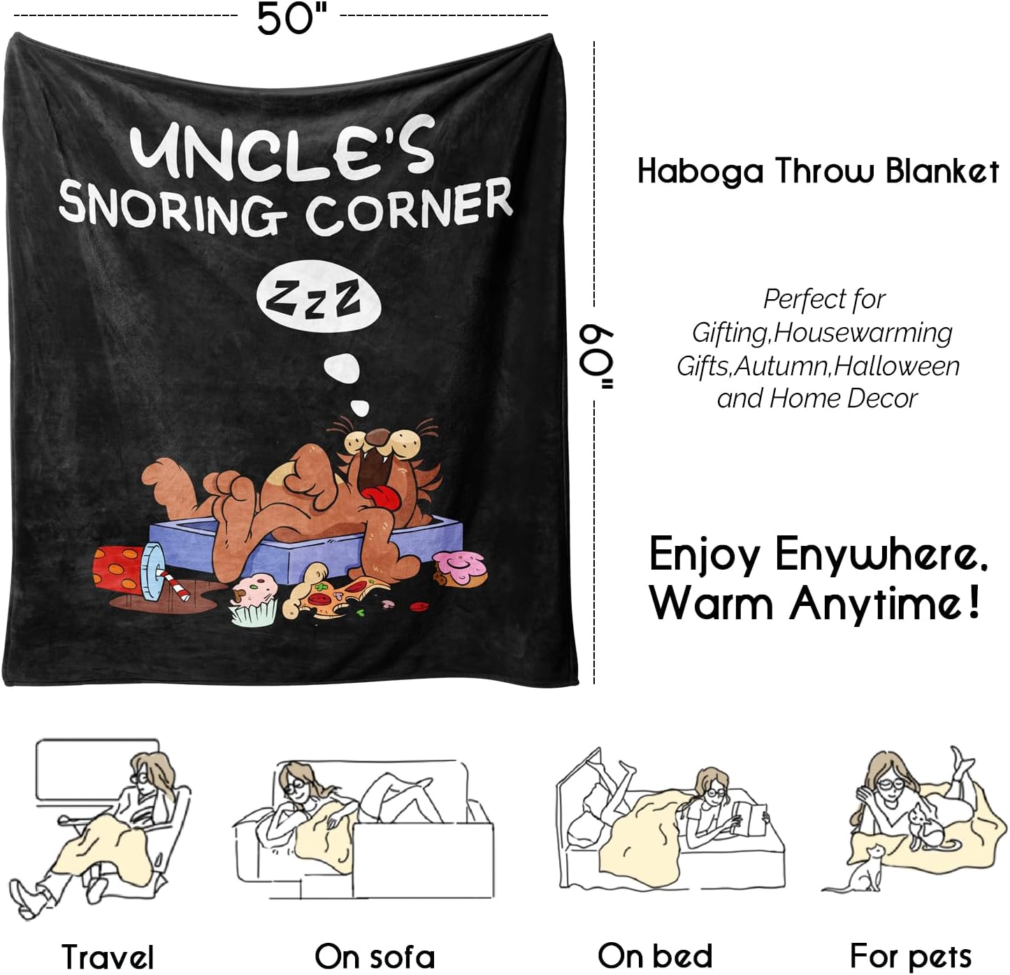 Blanket for Aucle from Niece Nephew,Christmas Birthday Gift for Women,Flannel Fleece Soft Warm Cozy Uncle's Snoring CornerCat Throw Blankets for Napping Travel 60” x 50” - Image 4