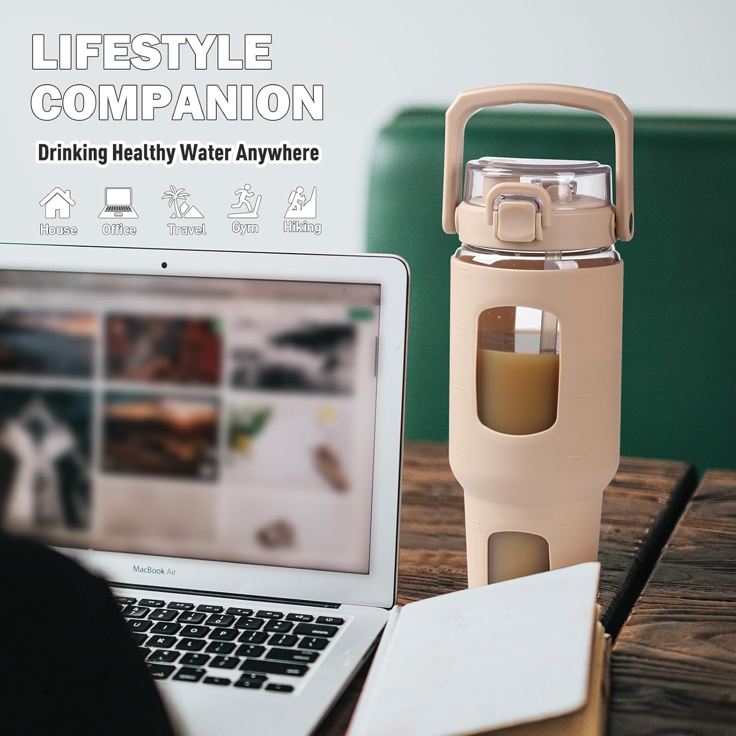 BLUEGO 40oz Glass Tumbler with Lid and Straw, Glass Water Bottles with Handle, Glass Cup with Time Marker and Silicone Sleeve, Fits Most Cup Holder, Leak-proof, Amber - Image 6