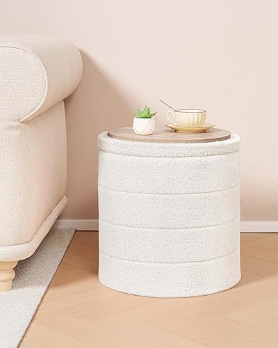 Miniatura 7 de B FSOBEIIALEO Otomana con Stroage, taburete otomano redondo de almacenamiento de sherpa, reposapiés Boucle de 16.9 x 16.9 x 17.7 pulgadas (blanco