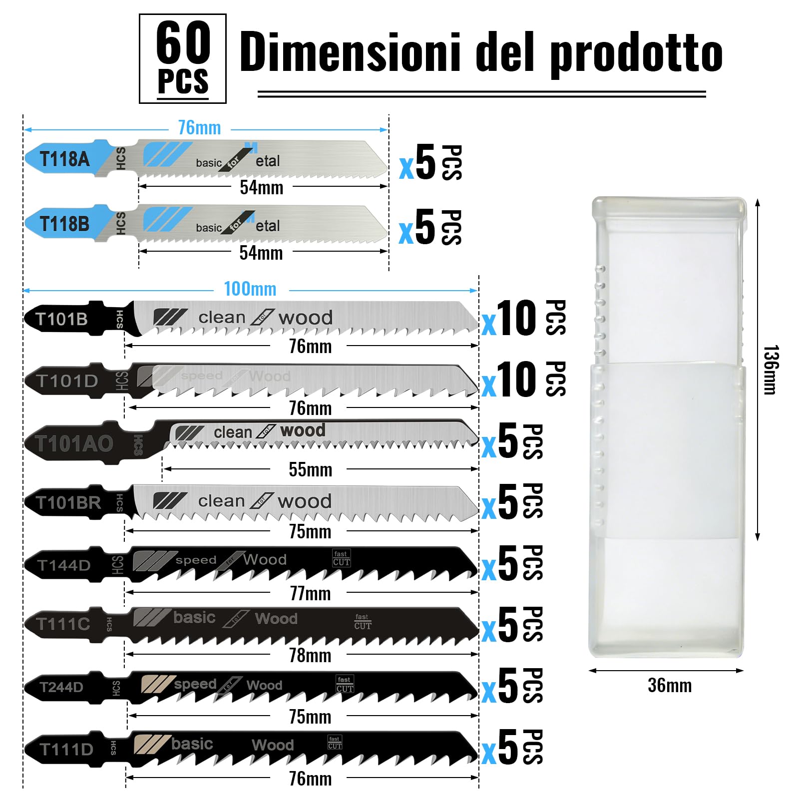 Set di 60 Lame per Seghetto Alternativo Universali | Lame per Seghetto Elettrico a Stelo T in Acciaio ad Alto Tenore di Carbonio per Tagli Precisi su Legno, Plastica e Metallo