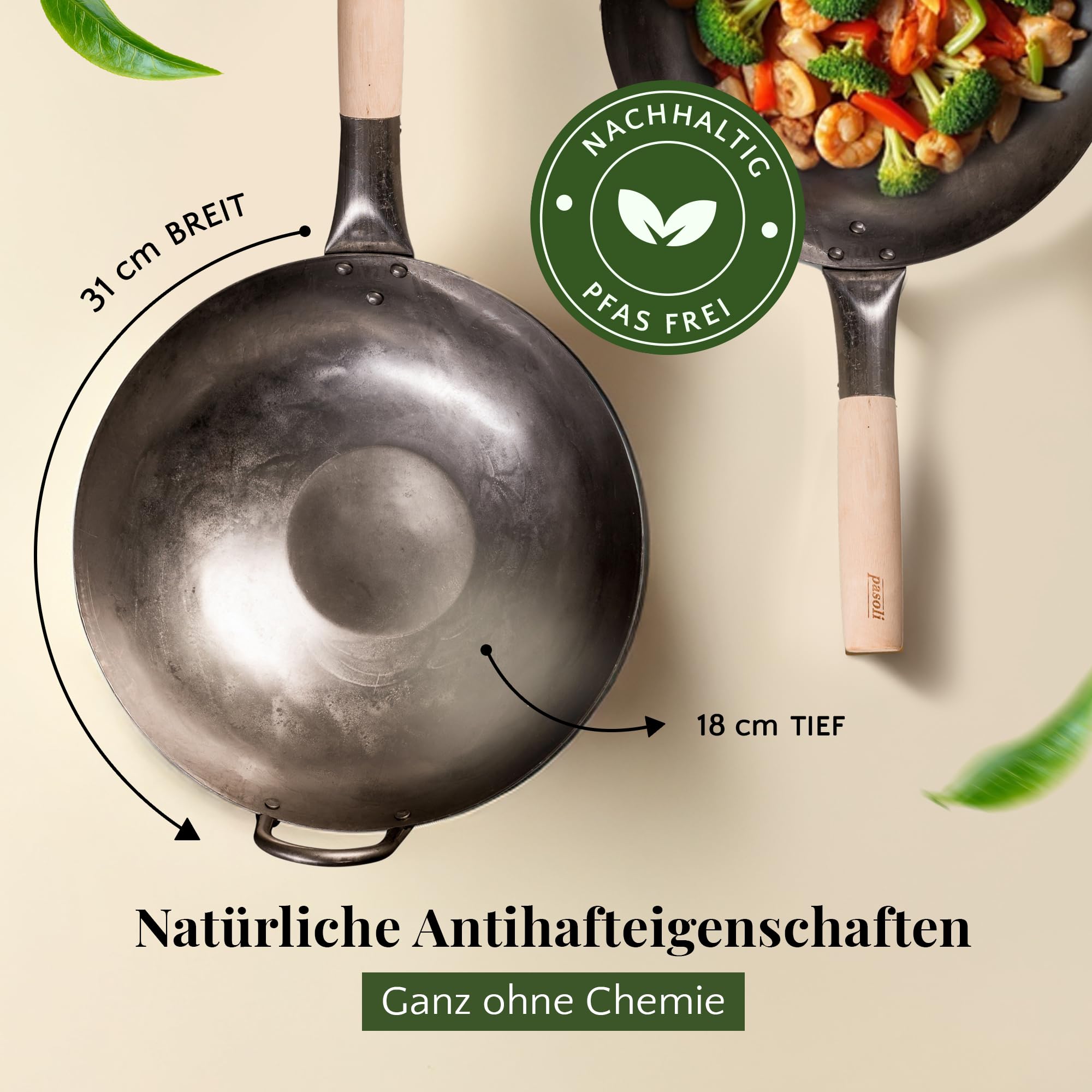 pasoli Wok traditionnel | Fond plat | Pour cuisinière (y compris induction) | 30 cm de diamètre | en acier au carbone martelé à la main | Poignée en bois | Revêtement anti-adhésif naturel