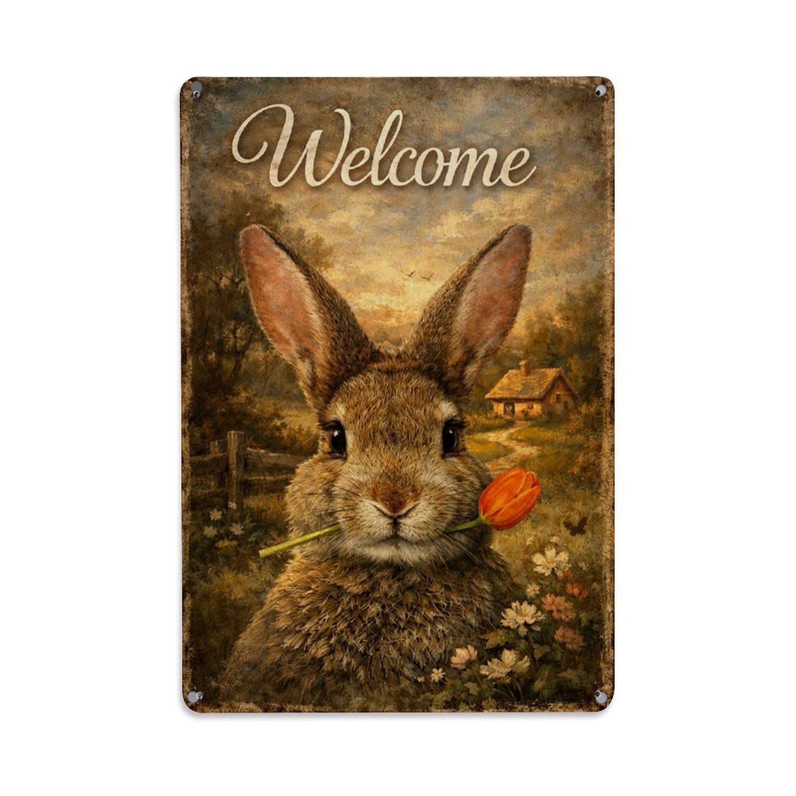 Jdfenggu Vintage Welcome Rabbit With Flower Retro Metal Tin Sign, Metal Poster For Bar, Home, Man Cave, Kitchen, Laundry Room Art Decor 8X12 Inch