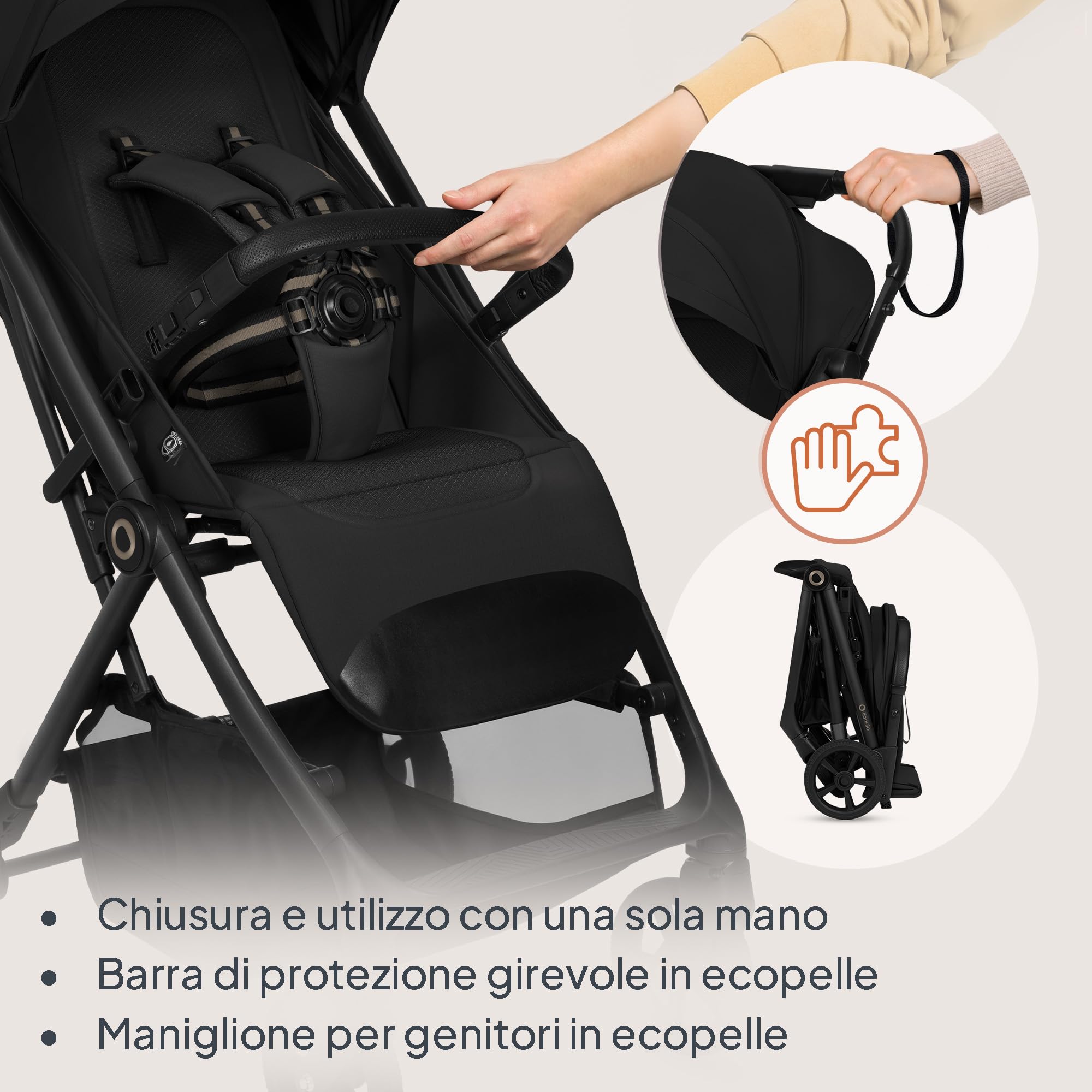 Lionelo TANSI Passeggino Leggero Compatto fino a 22 kg Pieghevole con Chiusura Automatica a una Mano, Ruote GravelTech Ammortizzate, Schienale Reclinabile, Cappottina Ventilata, Dri Seat Traspirante