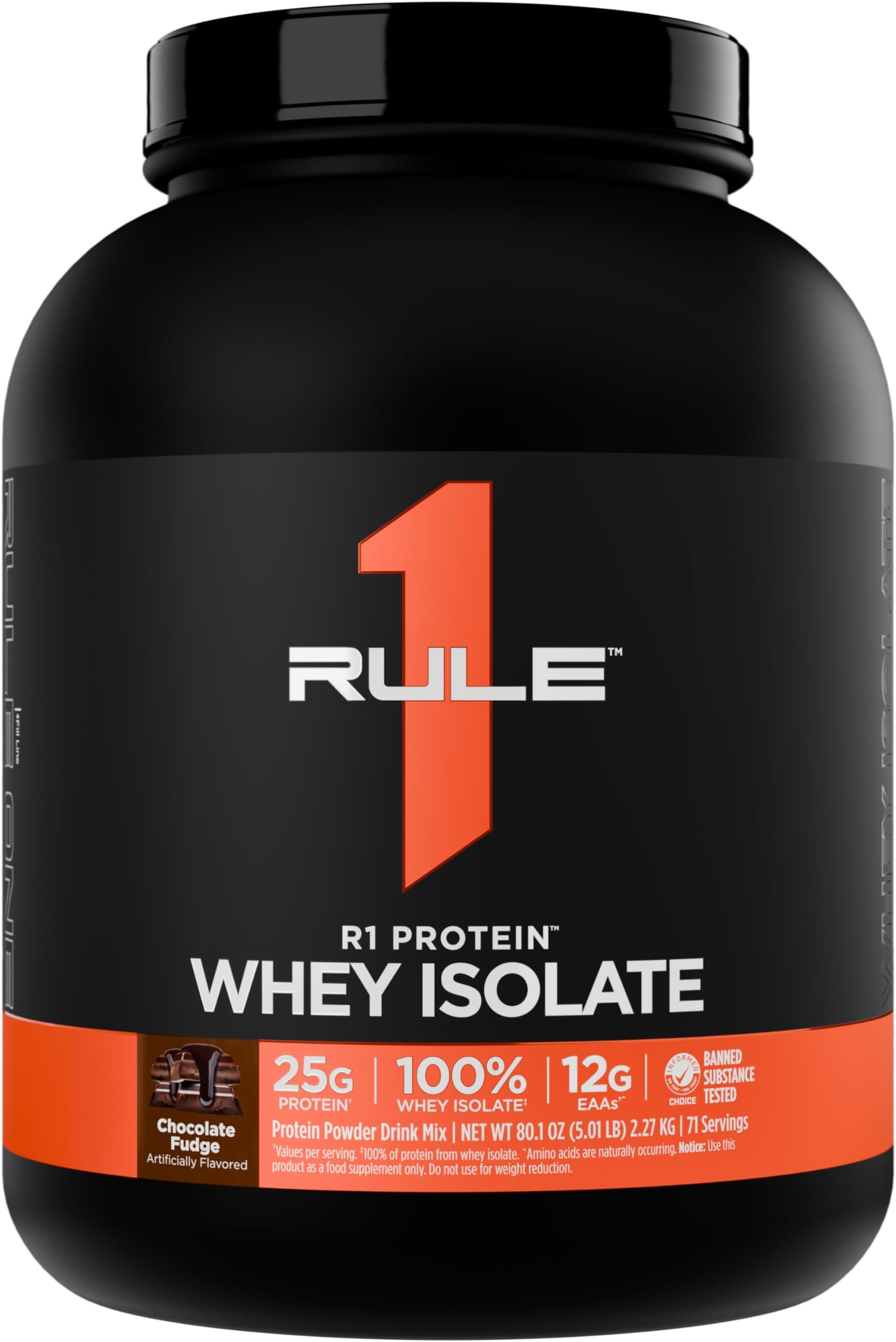 Rule 1 Proteins R1 Protein Whey Isolate - with 25g Protein & 6g BCAA Exclusively from Isolated & Hydrolyzed Sources for Workout Recovery (5 Pounds, Chocolate Fudge)