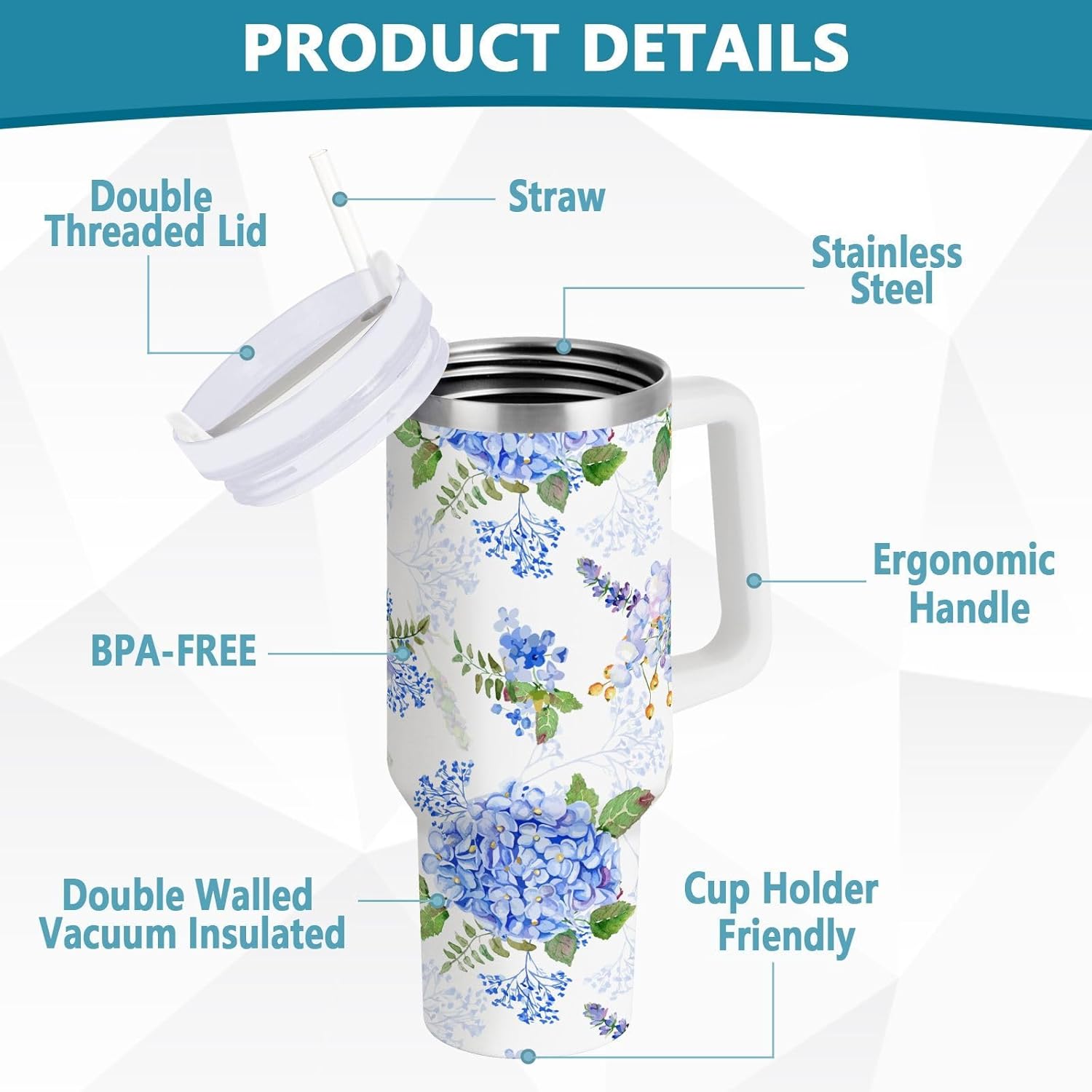 40 oz Tumbler with Straw & Handle - 2 in 1 Lids Leak Proof Tumblers - Large Insulated Stainless Steel Cup - BPA-Free Water Bottle Travel Metal Mug for Women Man, Blue Purple Hydrangea Lilac Floral - Image 2