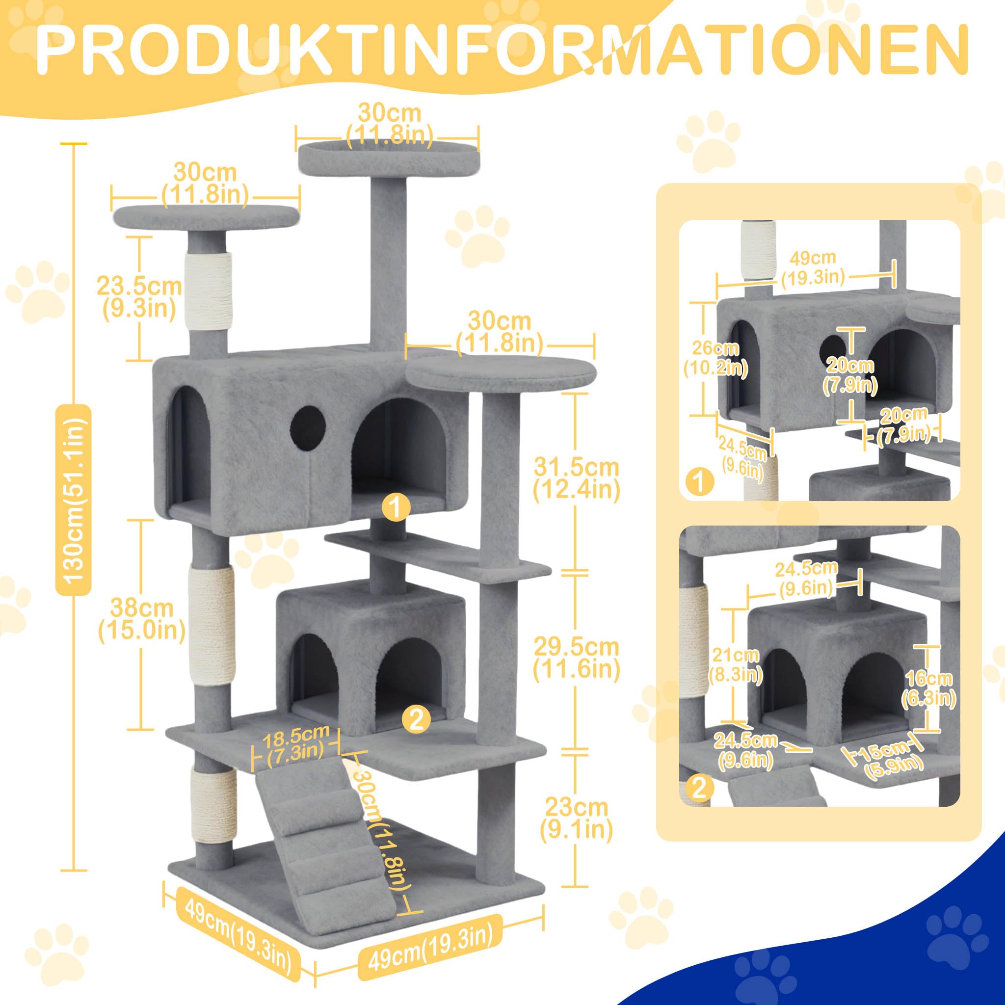NAIZY Rascador grande para gatos, 49 x 49 x 130 cm, XXL, con columnas de sisal y cueva para gatos, antideslizante, gris K1254