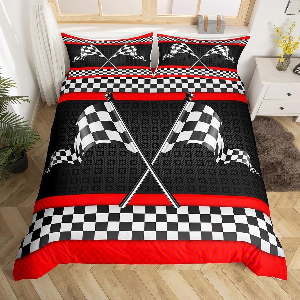 feelingyou Race Car Themed Bedding Set Double Size,Black White Checkered Flag Print Bedding Set for Kids Boys Men,Red Stripes Geometric Grid Plaid Quilted Cover Set including 2 Pillowcases