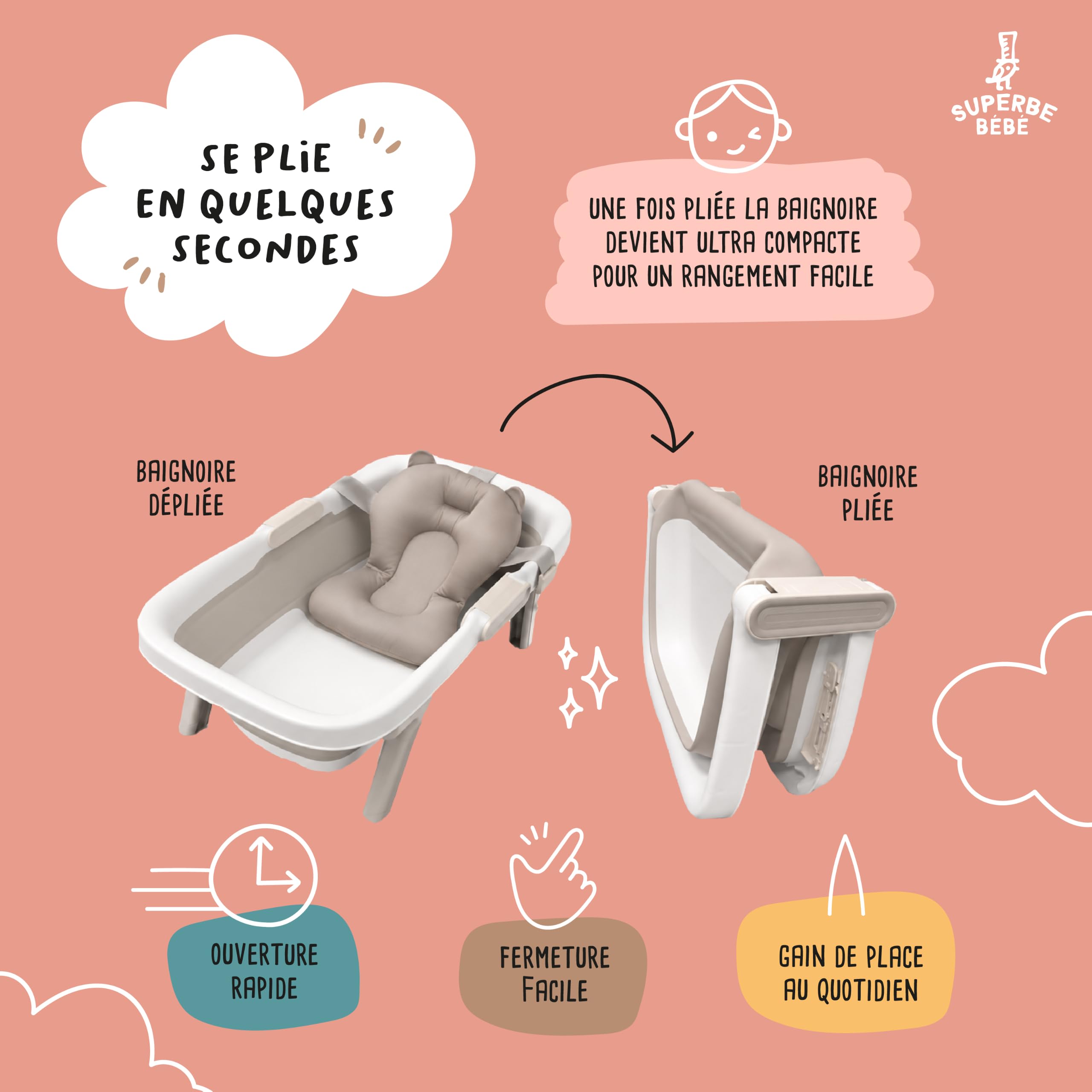 SUPERBE BEBE - Bañera de bebé XXL con cojín de baño para recién nacidos y lactantes