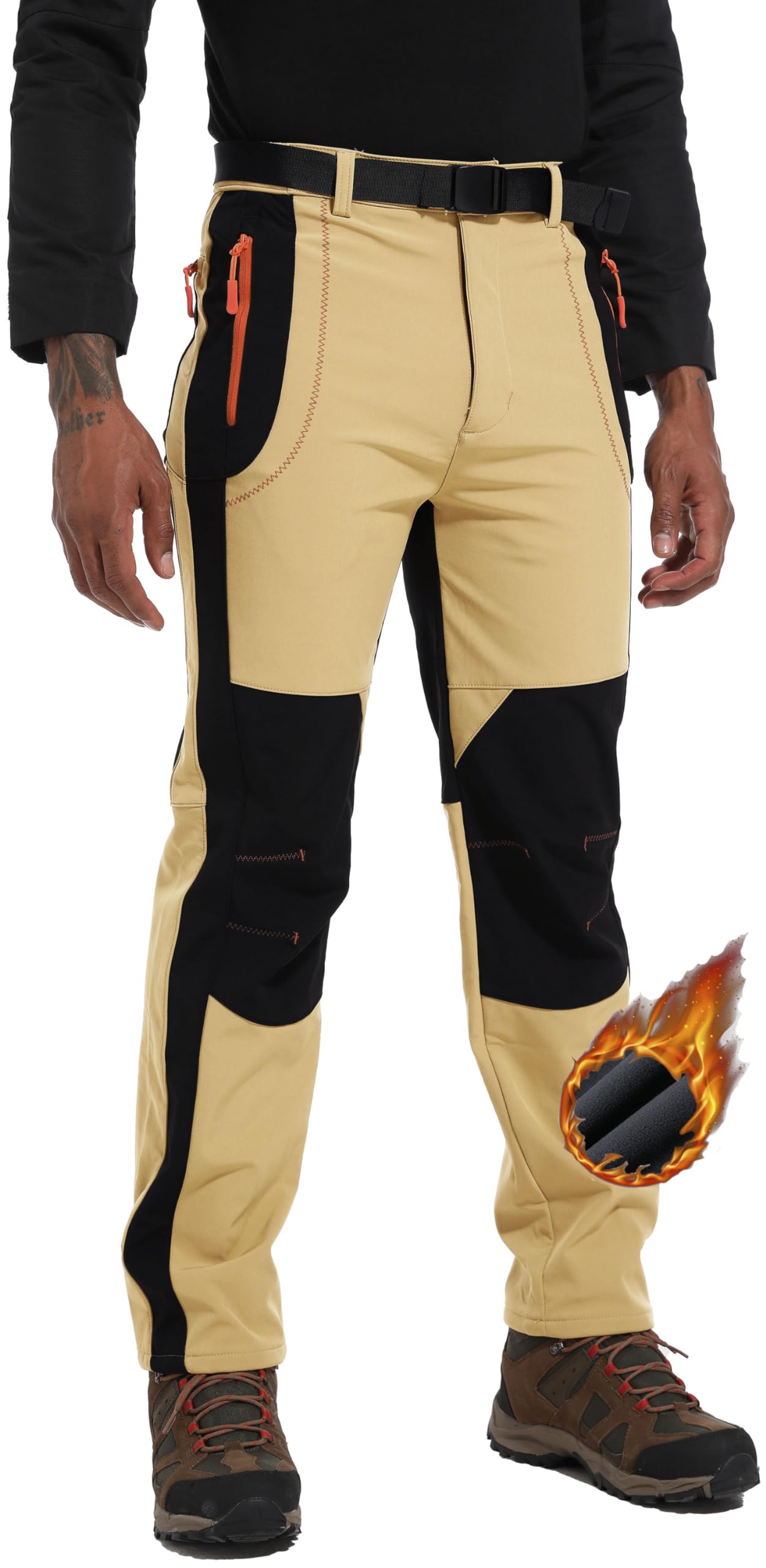 Men's Snow Ski Waterproof Fleece Lined Softshell Warm Outdoor Cargo Hiking Pants with Belt