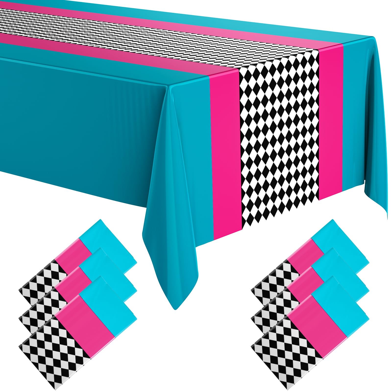 Buryeah Wonderland Tablecloth Checkered Plastic Table Cloth Racing Car Birthday Tablecloth Wonderland Party Decorations Car Party Decorations for Birthday Supplies, 54 x 108(Pink Blue Checkered,6 Pcs)