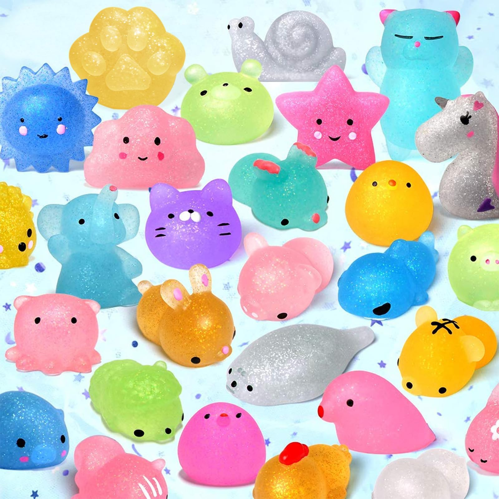 LUDILO Mochi Animal Squishies Toys 2nd Generation Glitter Mochi Squishy 20pcs Kawaii Mini Squishies Squeeze Toys for Kids Stocking Stuffers Class Prizes Valentines Birthday Gifts Easter Egg Fillers