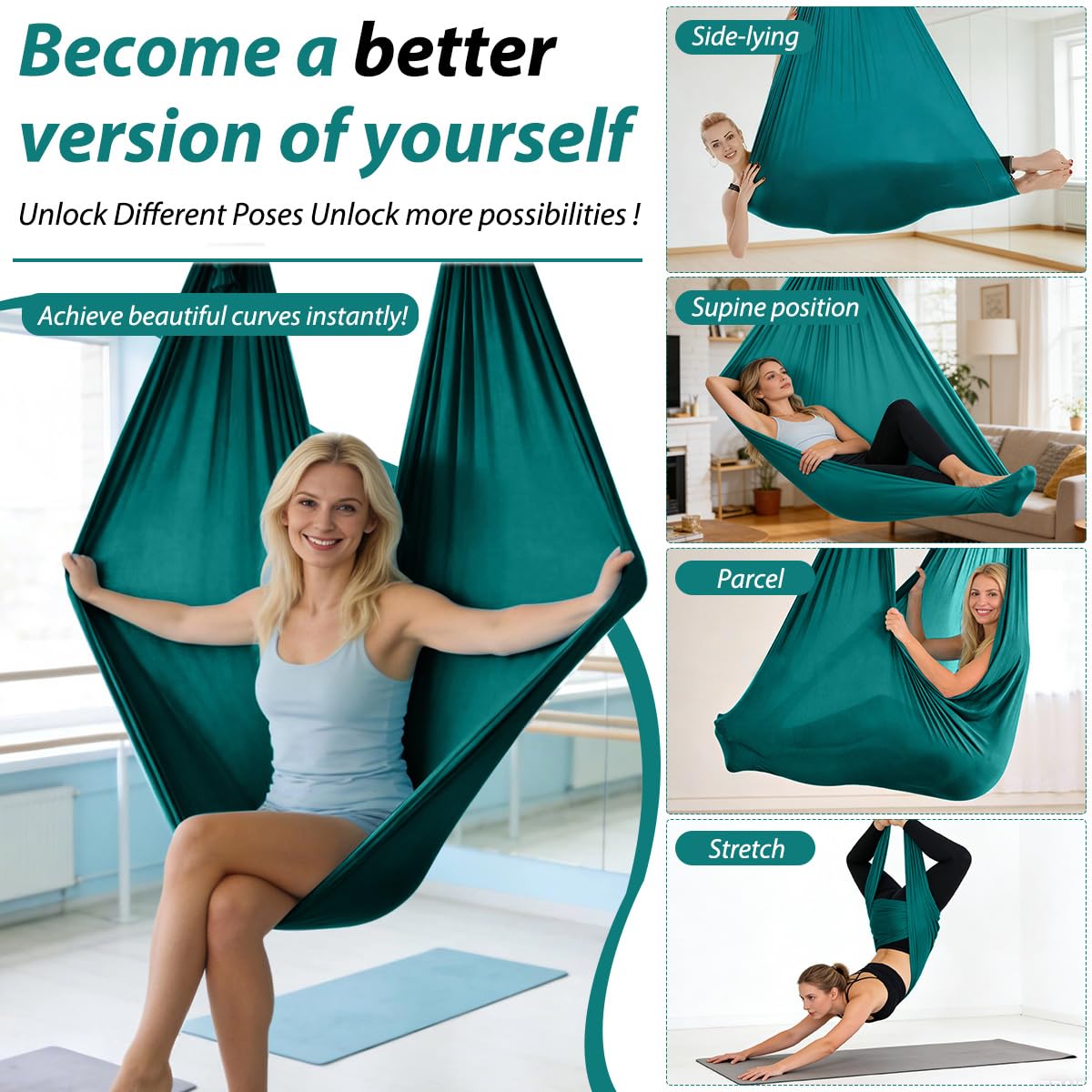 Juego de Hamaca para Yoga Aéreo, Hamaca Colgante para Yoga de 150x280 cm, Kit de Columpio de Yogas con Accesorios, Capacidad de Carga 200 kg, YogaSwing Antigravedad para Fitness Culturismo
