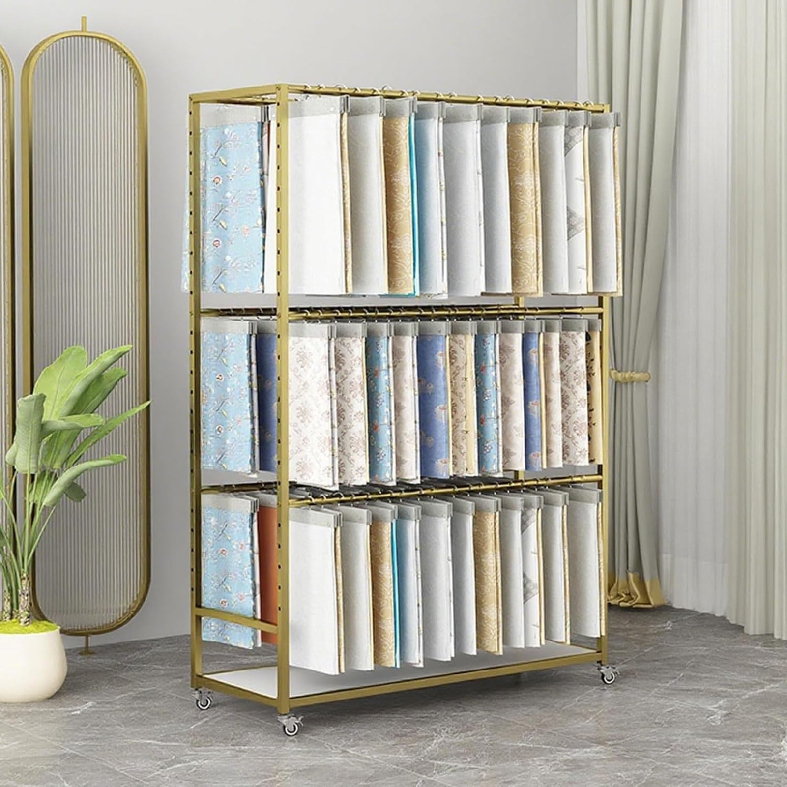 NURUGURE Fabric Display Rack Commercial Textile Sample Organizer with Wheels and Steel Frame for Clothes Scarves and Retail Showroom