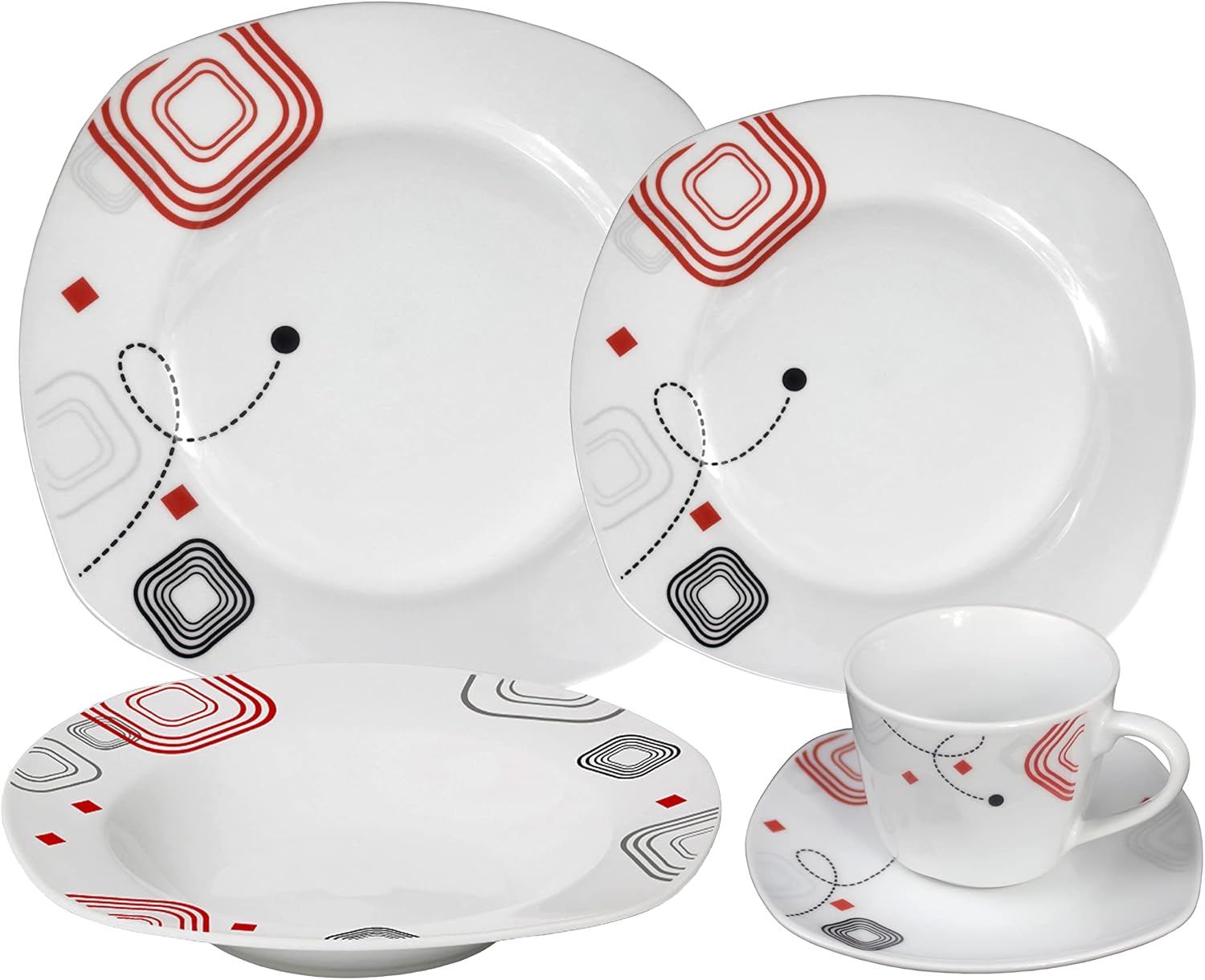 Stylish and Elegant 20 Pieces Porcelain Square Dinnerware Set Service for 4 People for Hosting Parties and Events - Fun Red and Tan Floral Design
