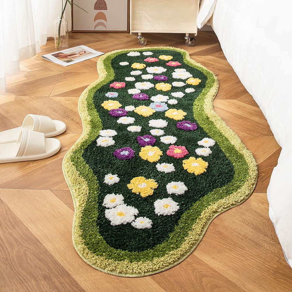 YHYanHui Irregular Moss Carpet Long Rug Runner Small Flowers Green Moss Long Area Rug for Bedroom Living Room Kitchen Soft Cozy Moss Runner Rugs for Lounge Bedside Non Slip Machine Washable 60x120cm