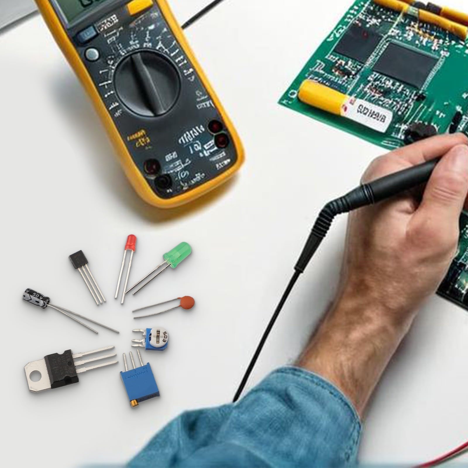 1818 pezzi Kit di componenti elettronici con condensatori monolitici, resistori, diodi LED e PCB per appassionati di fai da te e hobbisti, potenziometro transistor 11 serie A-220/A-92