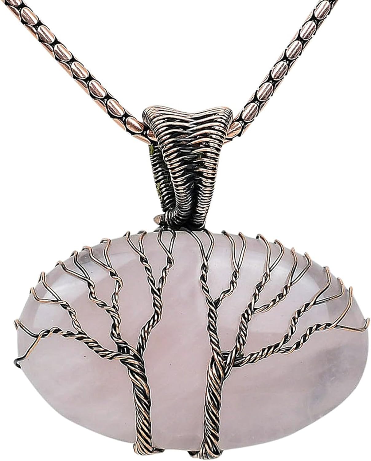 Tree Of Life Rose Quartz Gemstone Pendant Copper Wire Wrapped Jewelry Necklace For Unisex - 20" Chain