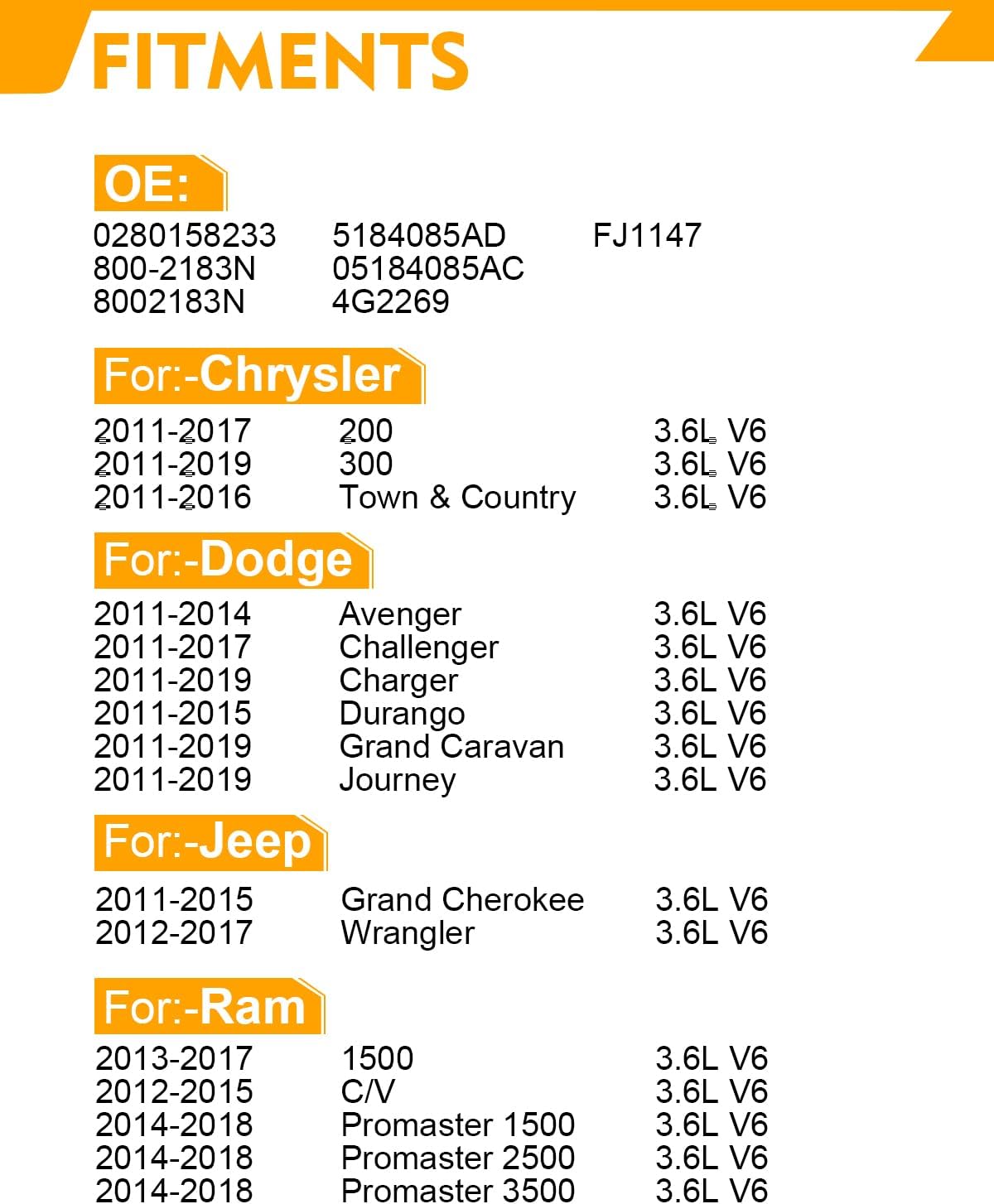 0280158233 3.6L Fuel Injectors Fit For:-Jeep Grand Cherokee Wrangler For:-Chrysler 300 Town and Country For:-Dodge Avenger Challenger Charger Durango, For:-Ram 1500 2011-2019 FJ1147 (6 Pcs)