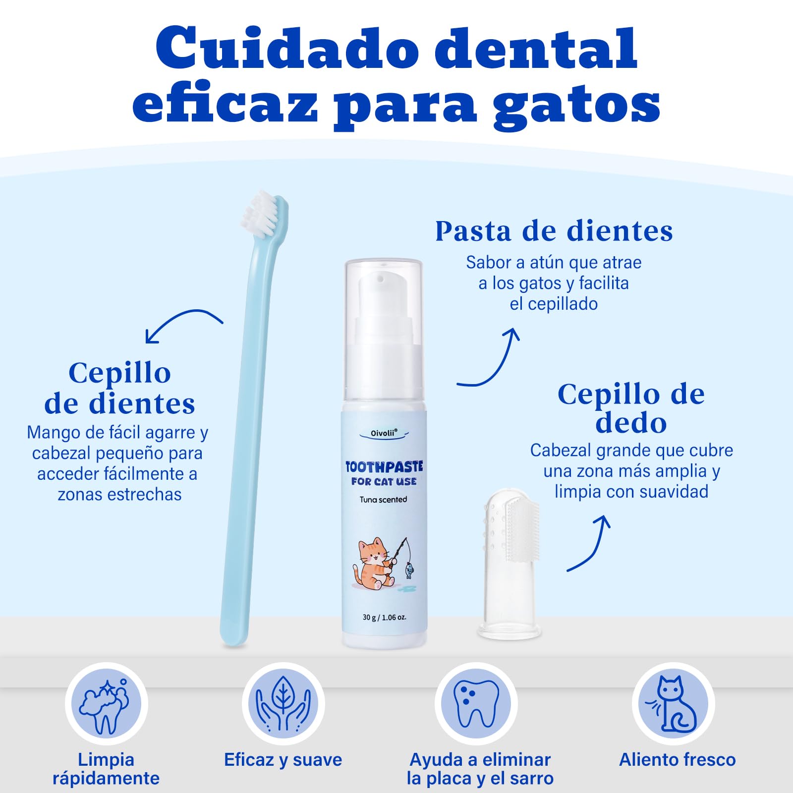 Juego de Cuidado Dental para Gatos, Pasta Dentífrica Sabor Atún 30 g, Incluye 2 Cepillos dientes gato, Fórmula Suave para el Cuidado Dental y un Aliento Fresco