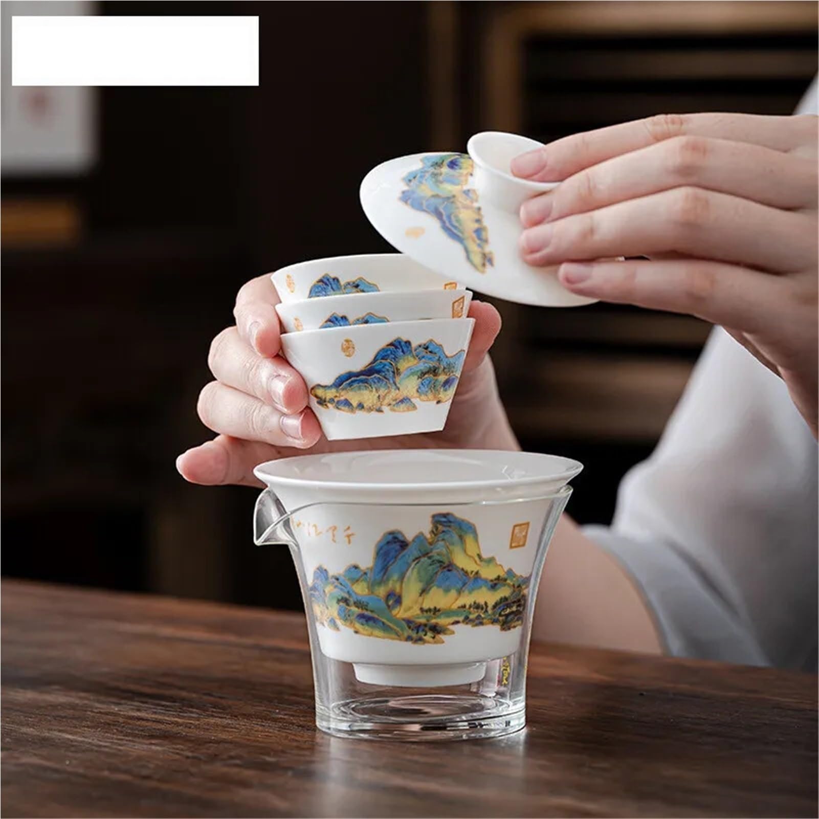 Gongfu Przenośny Podróżny Zestaw Do Herbaty Gaiwan Ceramiczny Zestaw Do Herbaty Gaiwan Z 3 Kubkami Herbaty Na Zewnątrz Camping, Domowe Biuro (F-1Set)
