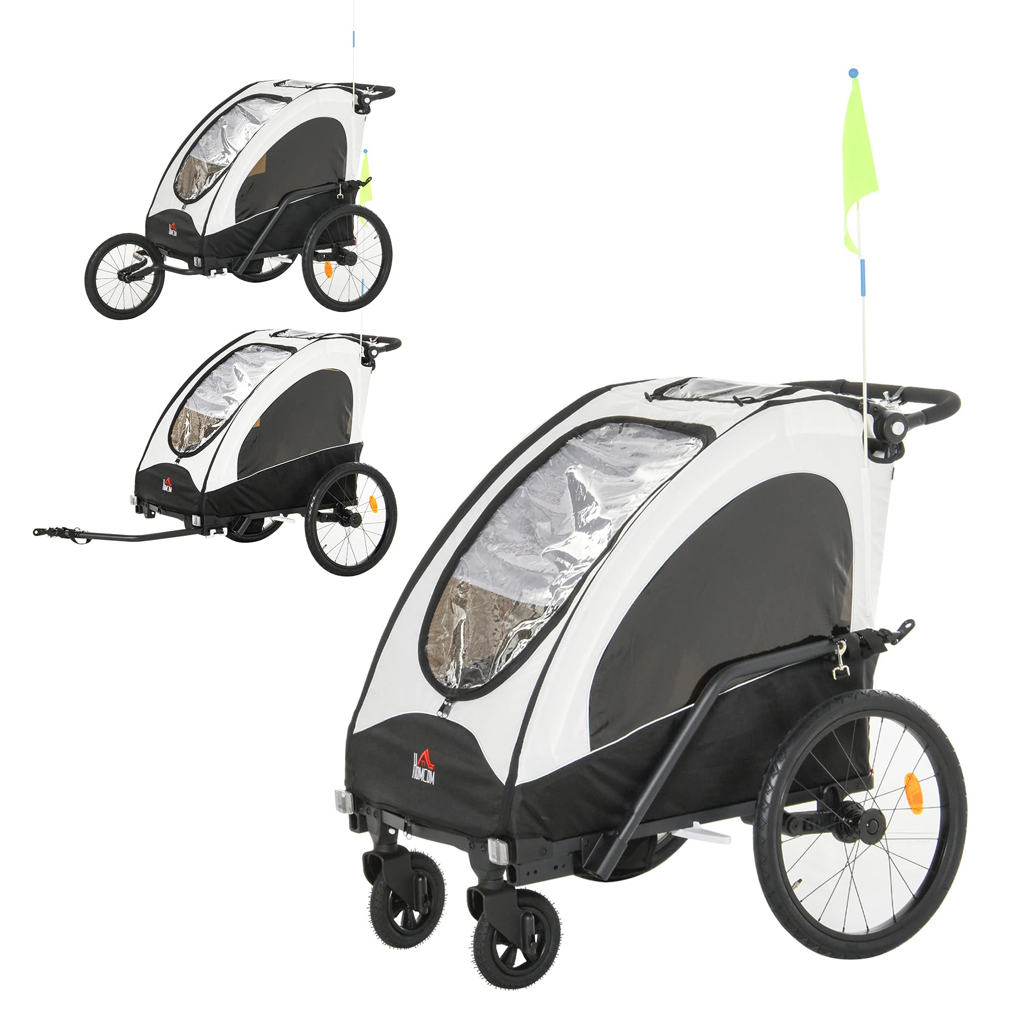 HOMCOM Remorque pour Enfants 3 en 1 Jogger Aluminium Vélo 2 Enfants Drapeau Blanc Noir 150x85x107 cm