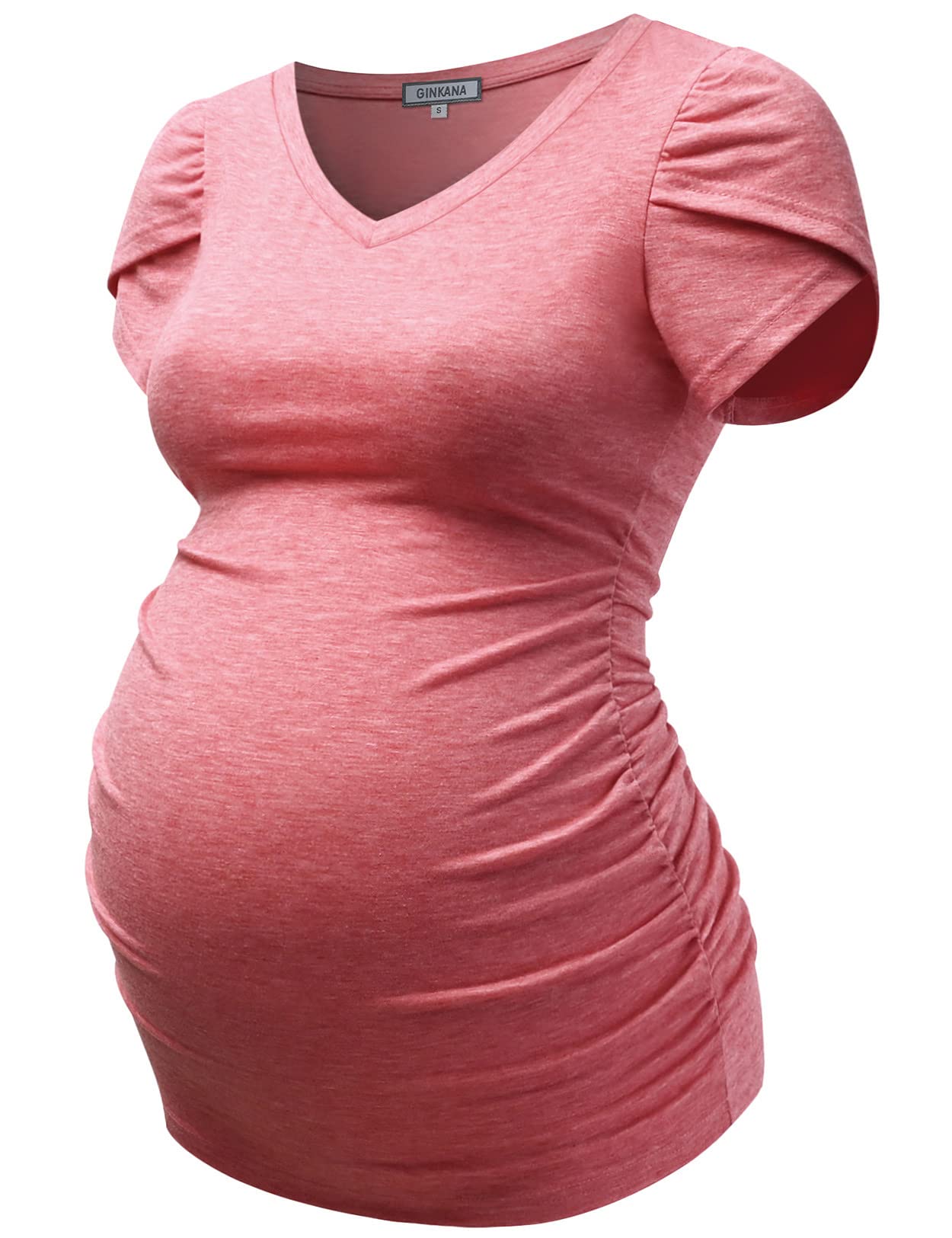 GINKANA Maternity Tops Short Petal Sleeve Tshirt V Neck Tee Ruched Sides Shirts Casual Basic Tunic Pregnancy Tshirt Blouse