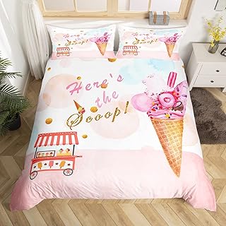 Sweet Ice Cream Duvet Cover,Kids Ice Cream Truck Bedding Set,Cartoon Dessert Comforter Cover for Boys Girls Room Decor,Watercolor Lightweight Bedspread Cover Twin Size with 1 Pillow Case