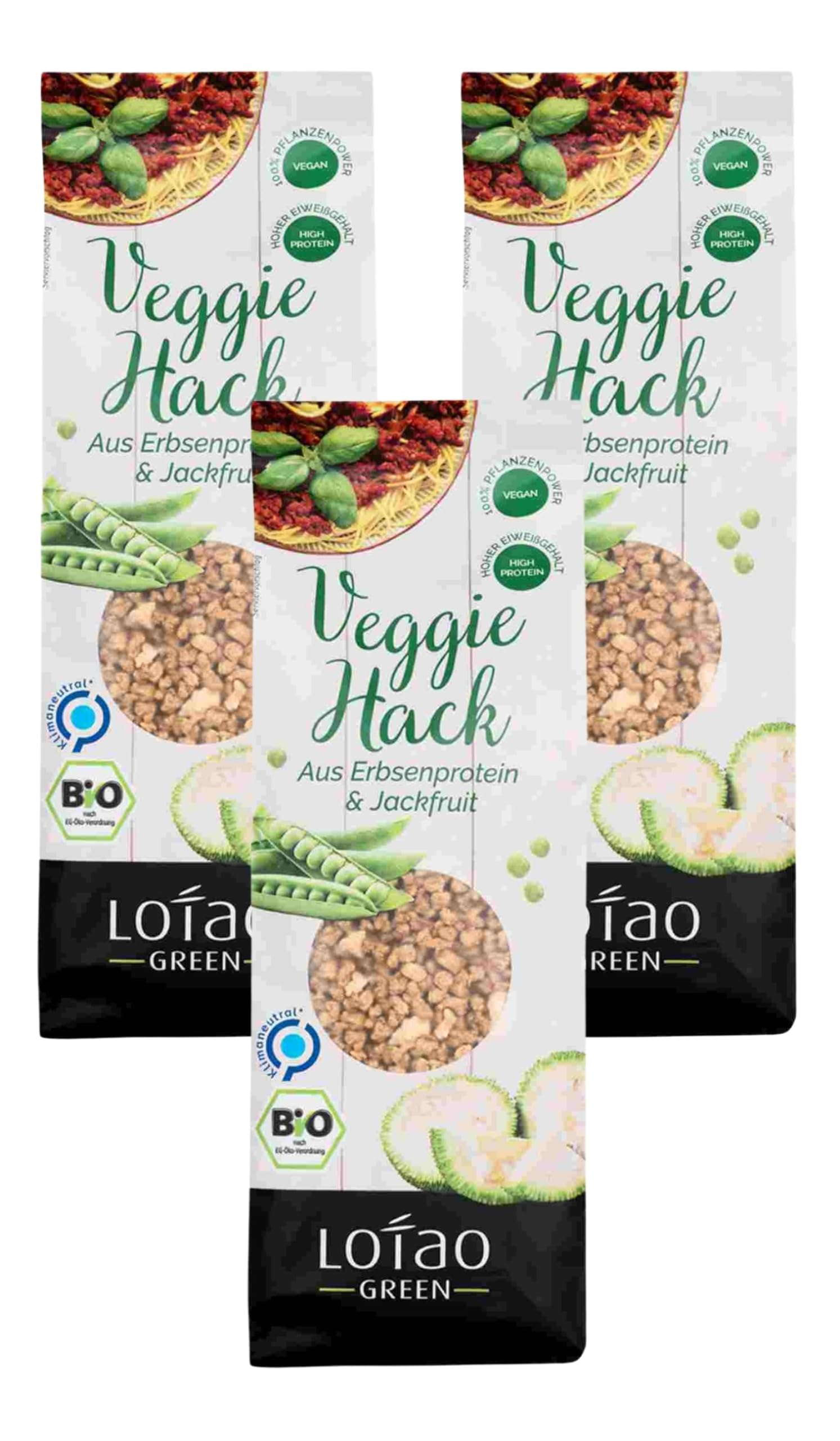 Lotao Veggie Hack Bio (3x 100g) - Veganes Hack: nachhaltig & hochwertig | 70% Protein: Erbsenprotein & Jackfruit | Vielfalt für vegane Lebensmittel: Bolognese Sauce, Burger, Chili Sin Carne uvm.