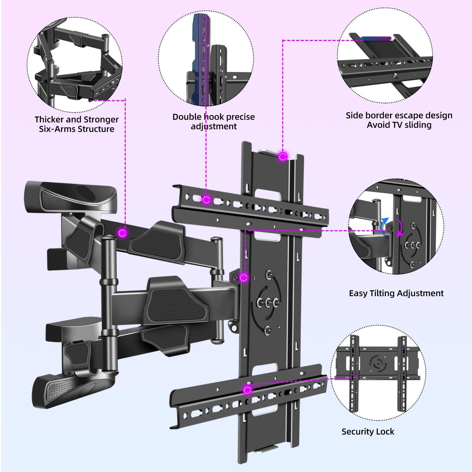 Support TV Mural Orientable 180° Pivotant, Fixation TV Murale Bras Doubles Robustes, Bras TV Mural Articulé pour Téléviseurs de 32-65″ jusqu'à 32,5 kg, Support TV d'angle, Max VESA 400x400mm