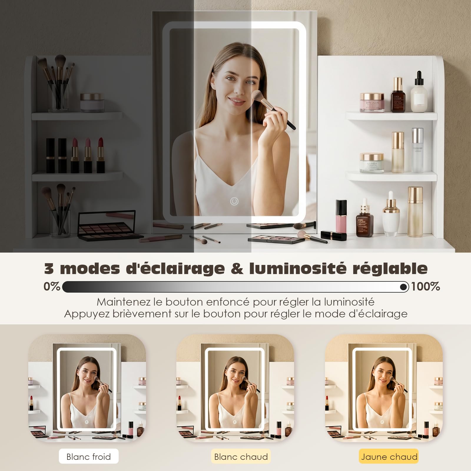 JUMMICO Coiffeuse avec Miroir LED et Lumière Réglable, Table de Maquillage Moderne avec Rangement Maximisé - 4 Étagères, 2 Tiroirs + Compartiment Latéral, Dimensions 108x40x136 cm pour Chambre (Blanc)