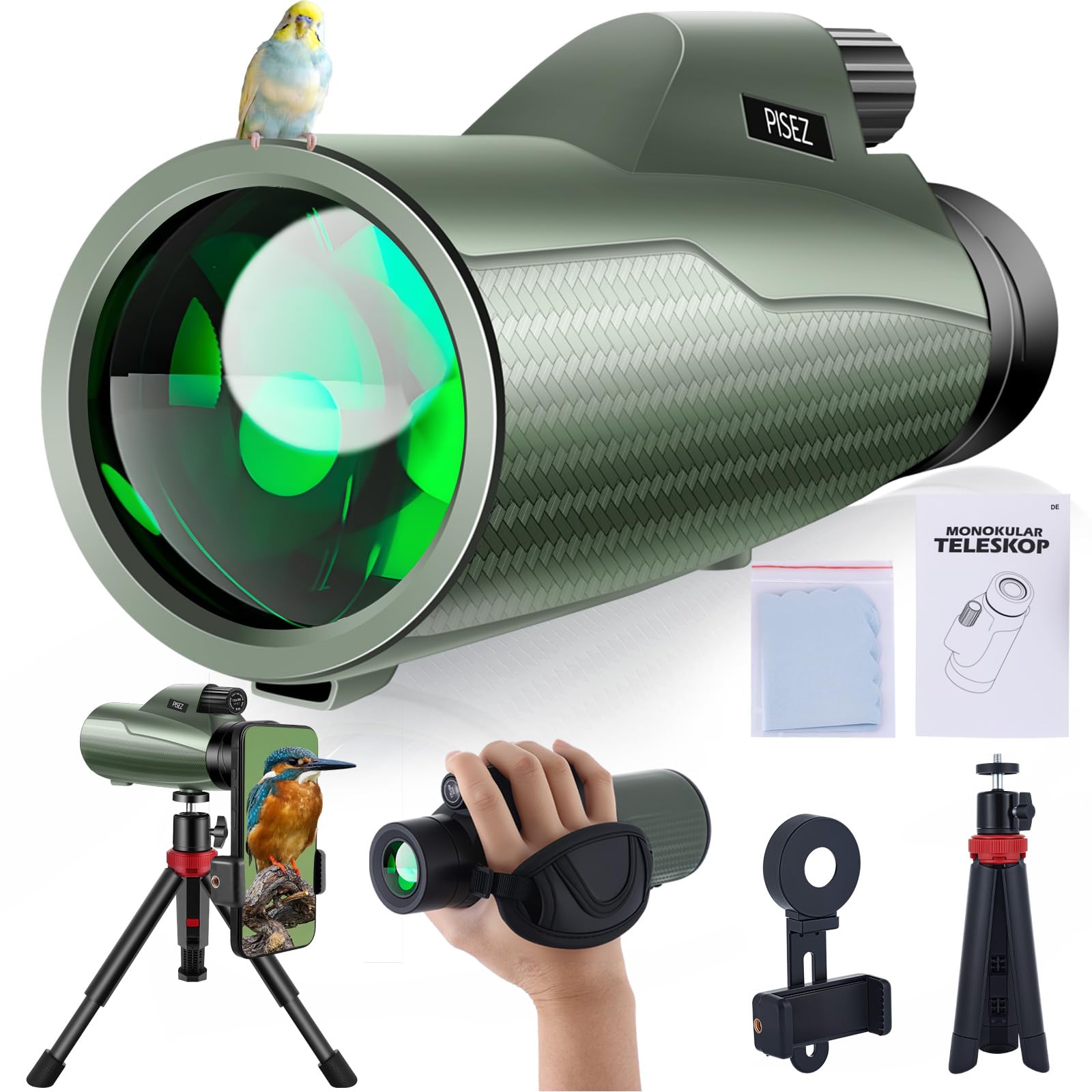 PISEZ 12x56 Monocular Telescope With Smartphone Holder & Tripod | BAK4 Prism, FMC Lens, IPX7 Waterproof For Bird Watching, Hunting, Travel