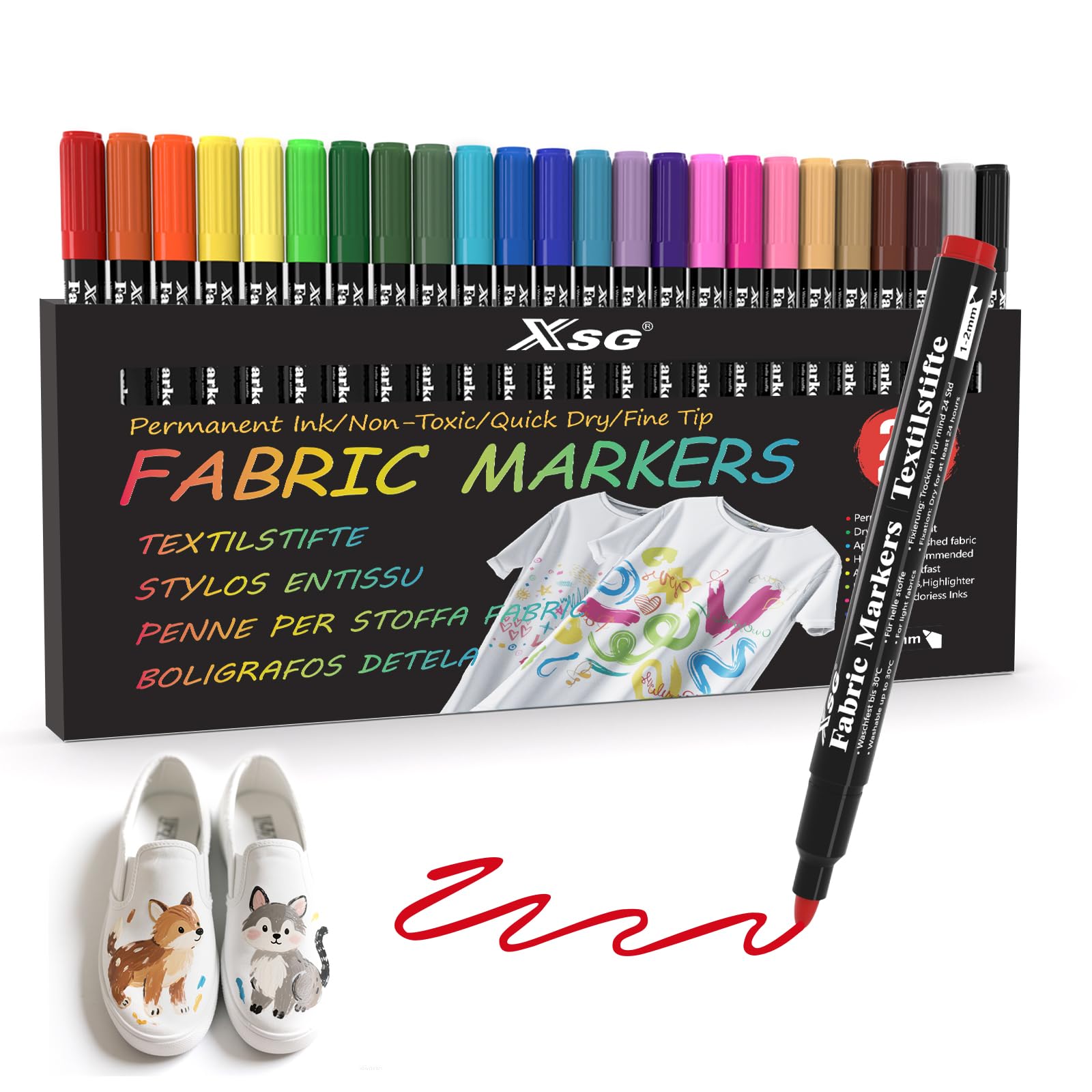 ABEIER Rotulador Textil Permanente,24 Pintura Textil con Punta Fina -para Camisetas, Bolsas, Tote Bag y Otros Tejidos - Para Niños y Adultos