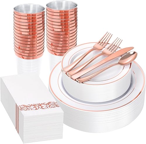 Miniatura 10 de supernal Juego de vajilla de plástico dorado de 60 piezas, incluye platos de plástico dorados y cubiertos desechables, platos desechables de fiesta