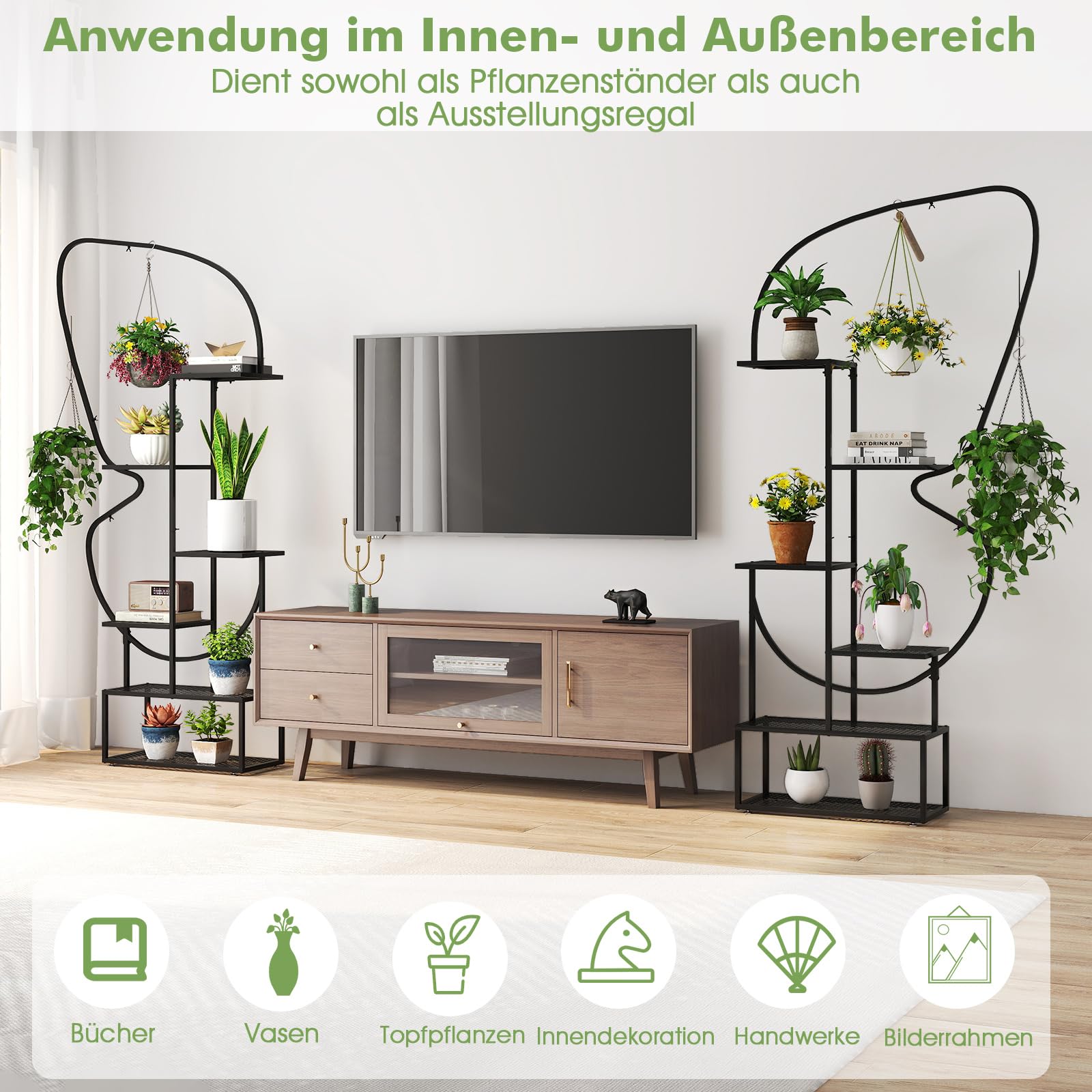 COSTWAY 6-stufiger Metall Pflanzenständer, schmetterlingsförmig, Blumenregal mit 4 Haken, Pflanzenregal Leiterregal, Pflanzenleiter Blumenständer, für Garten Balkon Wohnzimmer, 185 cm (Schwarz)