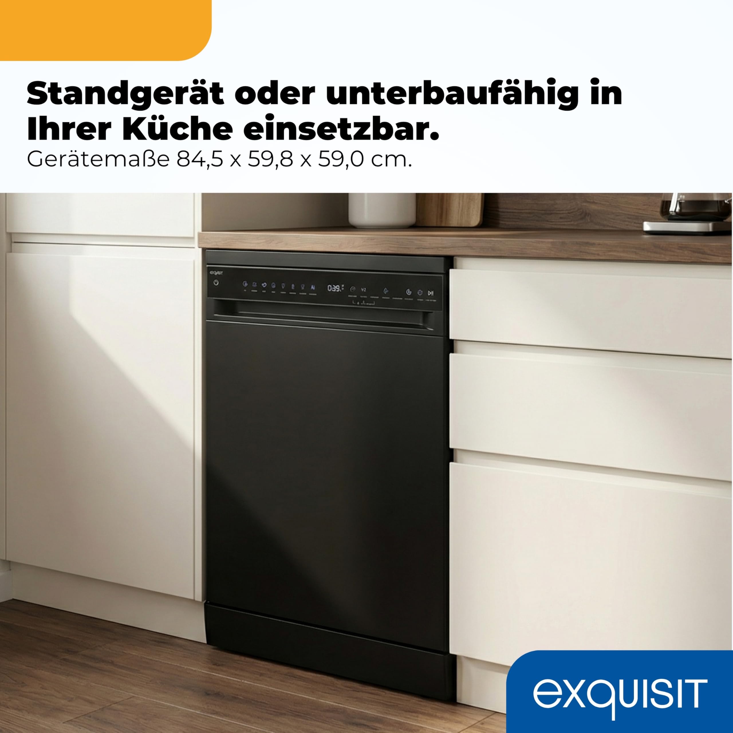 Exquisit Geschirrspüler | 60cm Breite, 16 Gedecke, Energieklasse B, 45 dB | 8 Programme, Auto-Programm, Selbstreinigung, Extra-Trocknung, Hygiene, Startzeitverzögerung Aquastop | GSP9616-450B schwarz