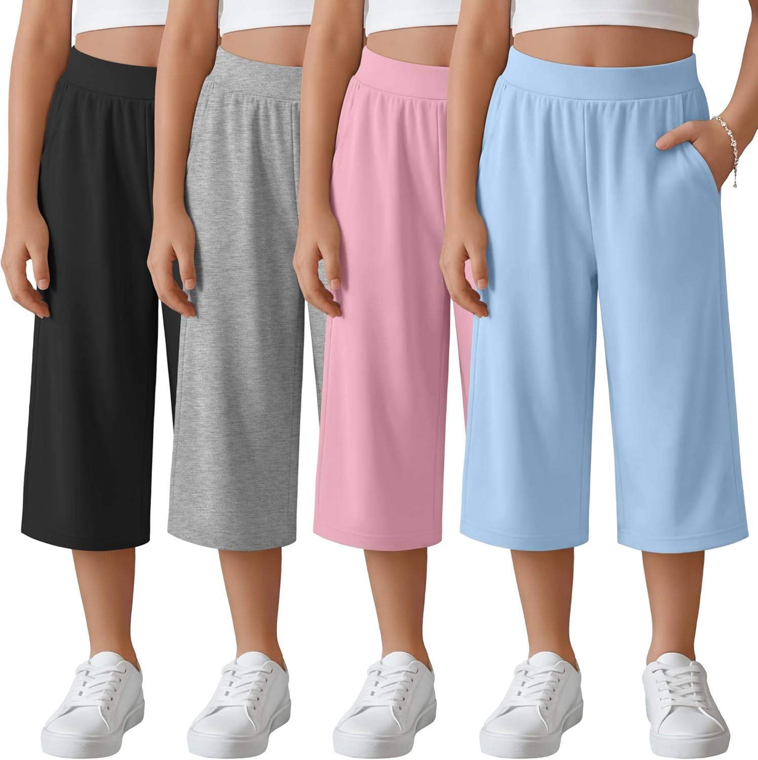 4 Pack Girls' Capri Pants Wide Legs Capris with Pockets Elastic Waist Workout Yoga Pants Loose Sweatpants for Kids